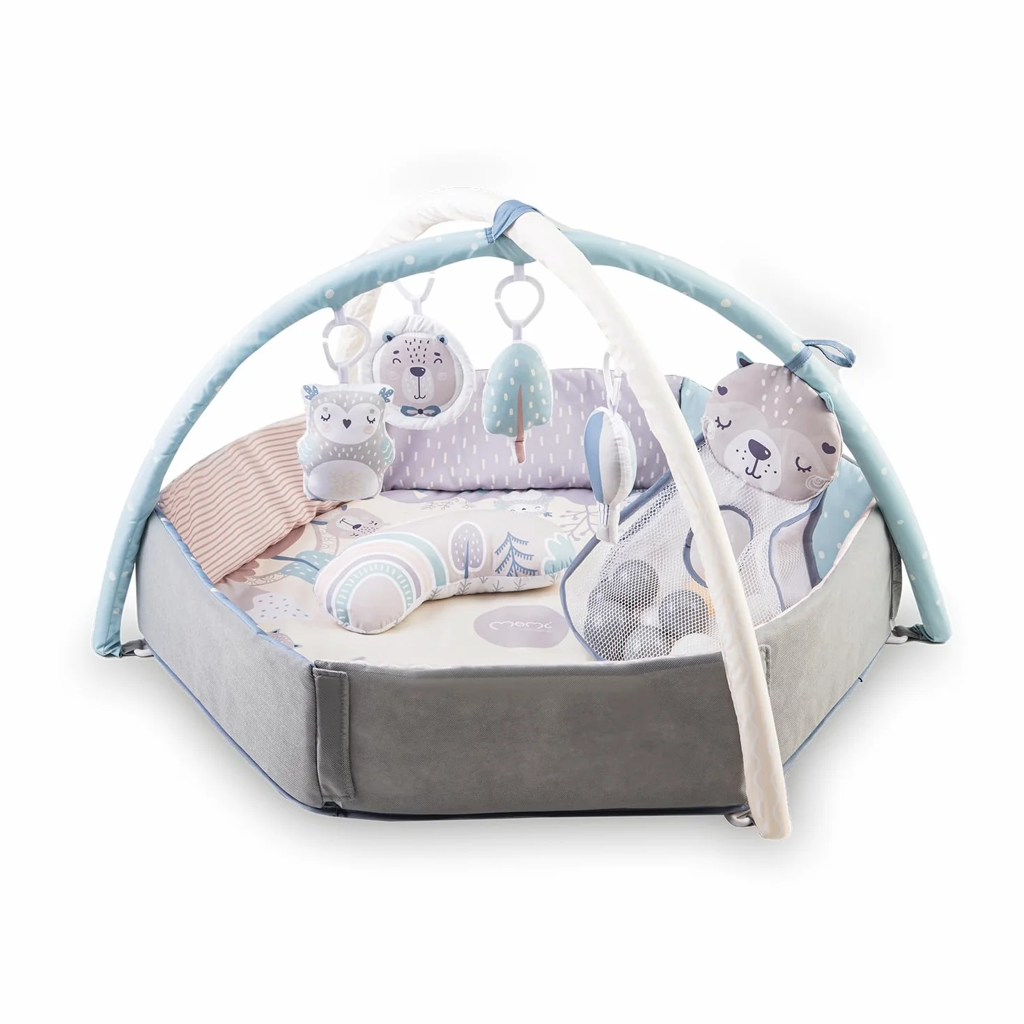 MoMi PASTEL Spielbogen mit Krabbelmatte 3-in-1 für Babys ab der Geburt, sensorische Aktivitätsmatte mit 2 Bogen, Bällchen-Bad, 5 Spielzeugen, 20 Bällchen mit Tasche, Krabbelkissen