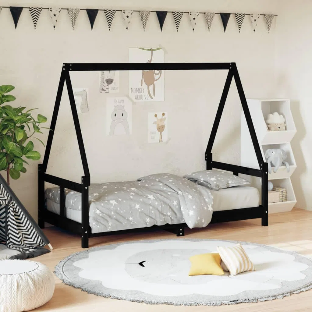 Kinderbett aus Massivholz Kiefer – Hausform Bett mit Lattenrost – 70x140 / 80x160 / 80x200 / 90x190 / 90x200 cm – Farben: Natur/Schwarz/Weiß – Kinderbett für Kinder ab 4 Jahren