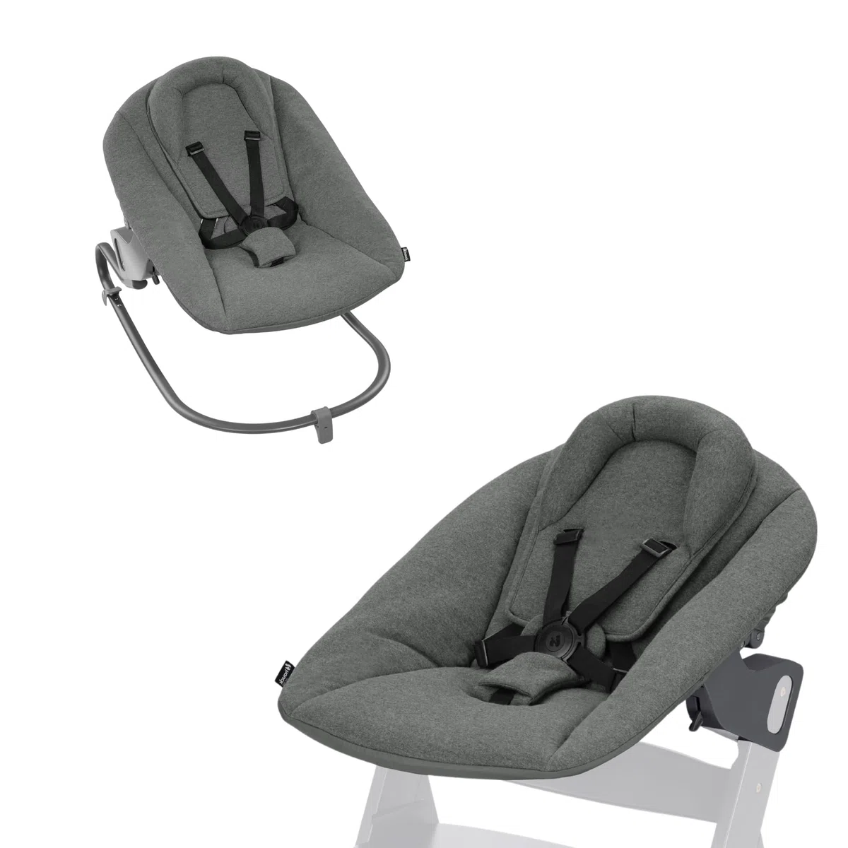 hauck Alpha Bouncer Premium, Dark Grey - 2in1 Babywippe & Hochstuhlaufsatz ab Geburt bis 9 kg Kompatibel mit Alpha+ & Beta+ Hochstuhl, mit Wippgestell, 5 Punkt Gurt, verstellbare Rückenlehne