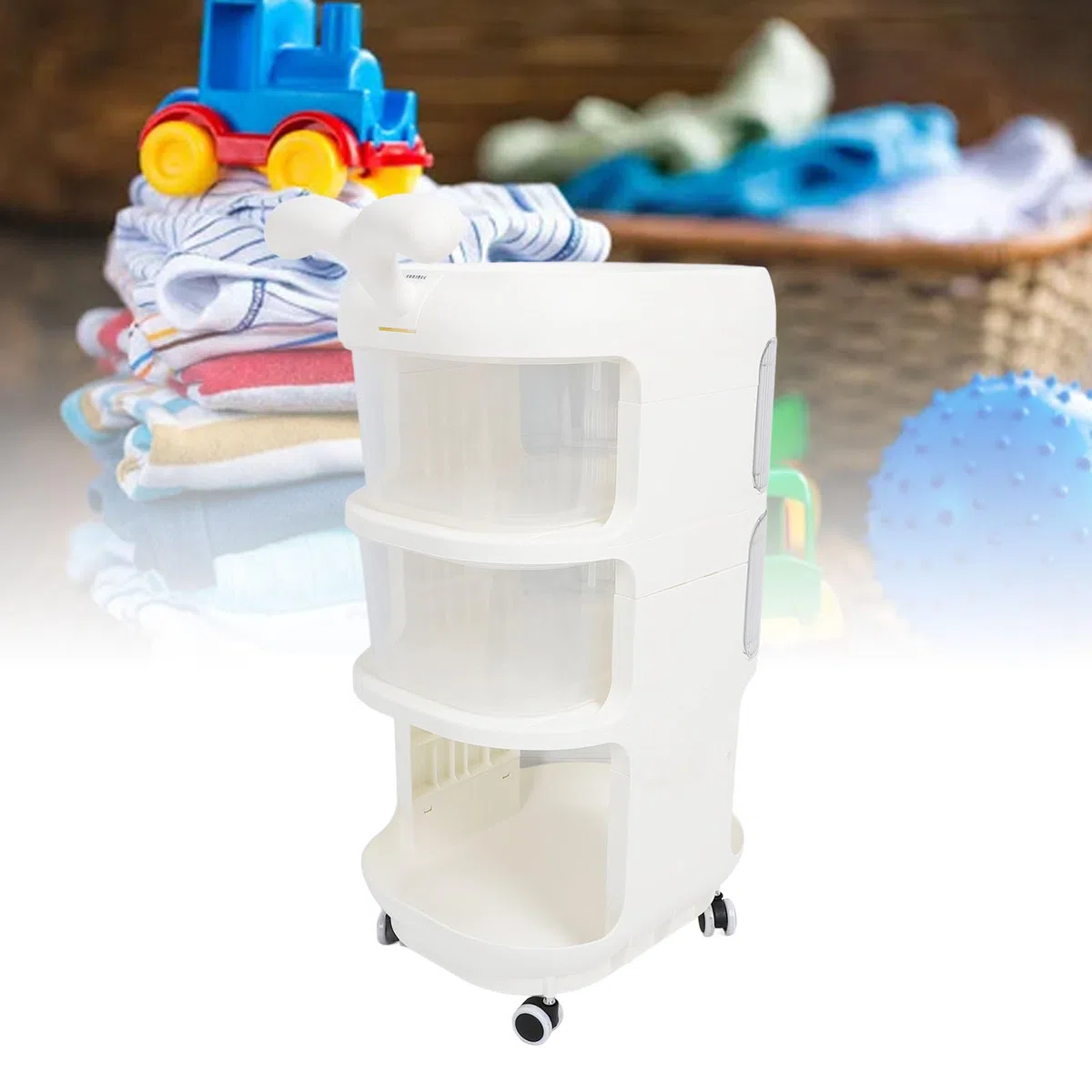 Baby-Aufbewahrungswagen, Zusammenklappbarer Rollwagen mit Beweglichem Design, 3-stöckiger Organizer für Babywindeln, Snacks und Feuchttücher, Wasserdicht und Leicht zu Reinigen