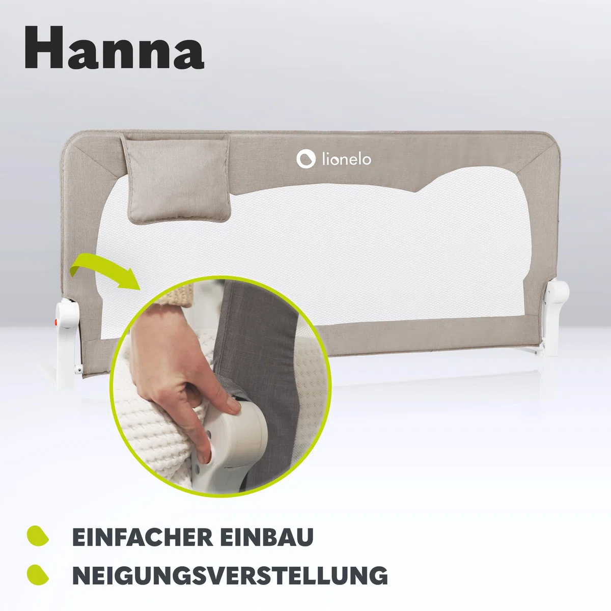 Lionelo Hanna Bettgitter Rausfallschutz 150 cm x 66 cm, zusammenklappbar um 180 Grad, luftiges Netz, einfache Montage, Standsafe-Blockade, SecureBelt, stabile Konstruktion