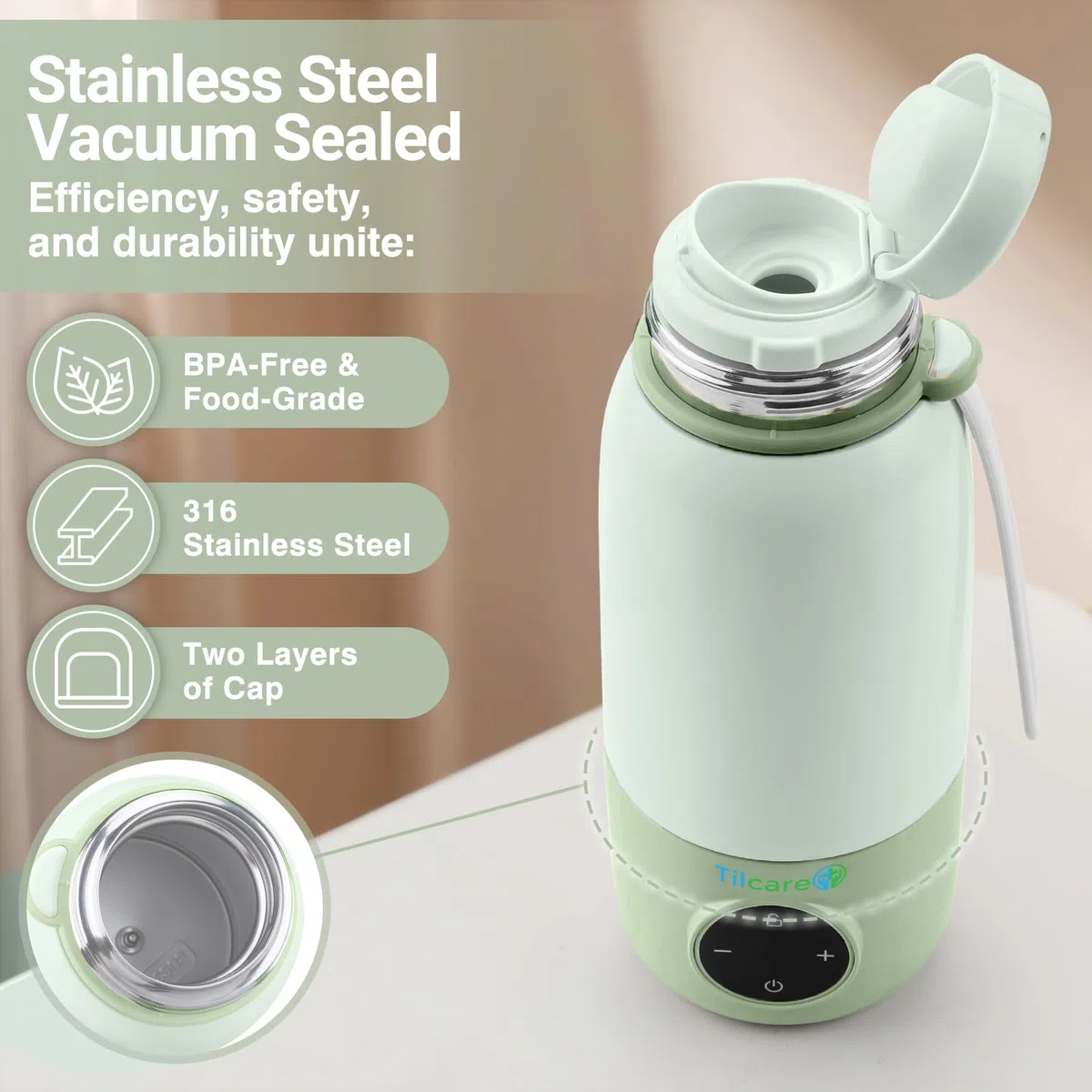 Wiederaufladbarer Milchwärmer mit Formeldispenser von Tilcare - 17oz/500ml, Schnelle Erwärmung, Präzise Temperaturkontrolle, Bis zu 12 Stunden Milchwärme mit LCD-Anzeige - Grün
