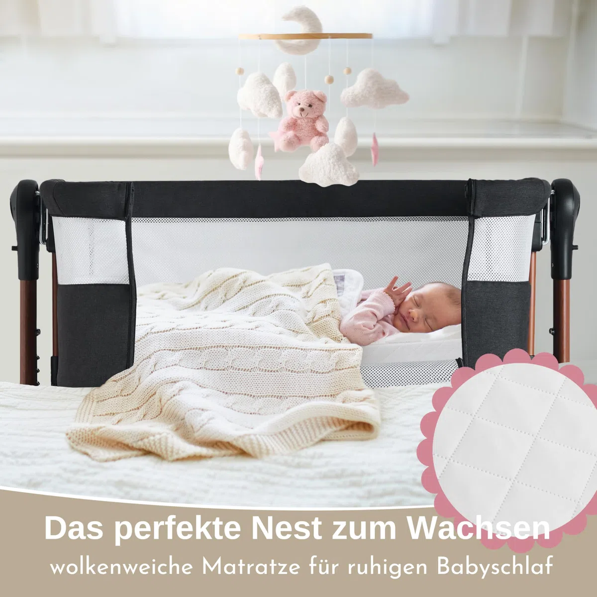 LullaBee Beistellbett & Baby Co-Sleeper – 6 Höhenstufen, Schaukel­funktion, Rollen, gesteppte Matratze, Mesh-Seiten mit Moskitonetz, faltbares Bett mit Tragetasche (0–6 Monate) – Schwarz/Braun