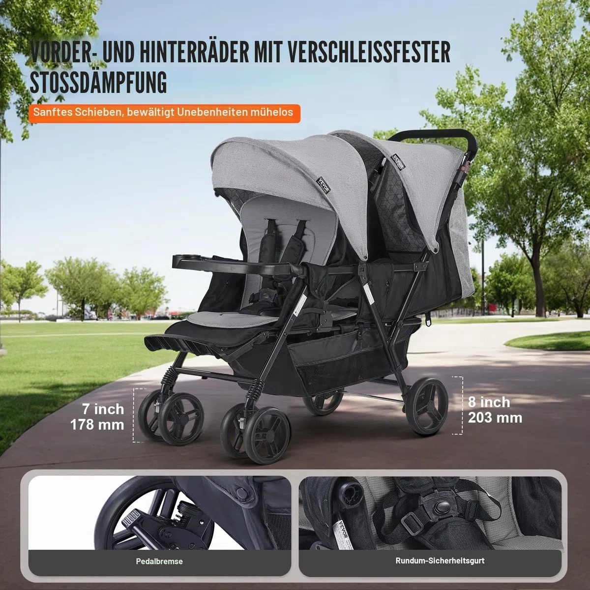 VEVOR Geschwisterwage, faltbarer, Zwillingskinderwagen mit Tandemsitz, verstellbarer Rückenlehne/Fußstütze, Sicherheitsgurt, Aufbewahrungskorb und Tablett, für Neugeborene und Kleinkinder (dunkelgrau)