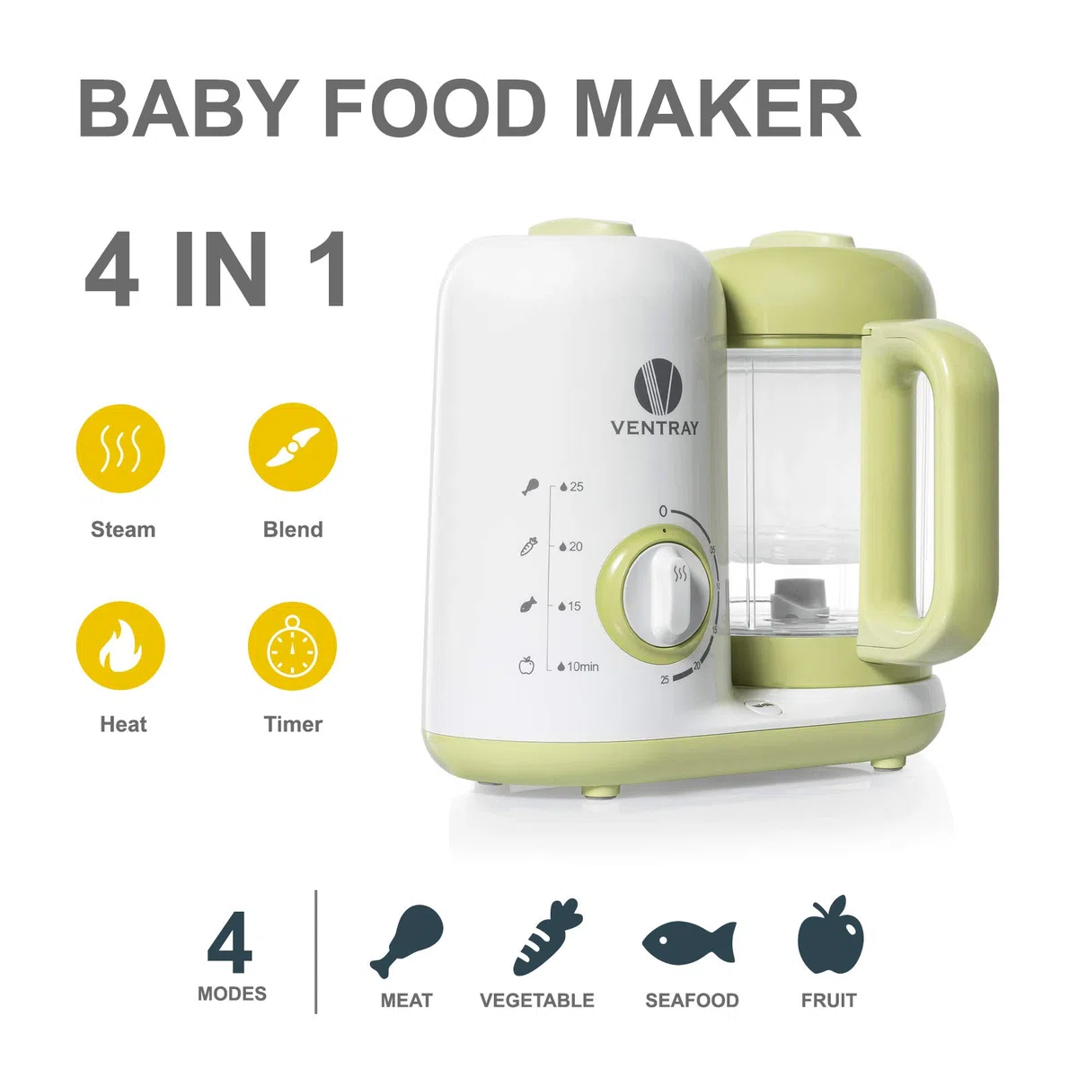 Ventray Baby Food Maker, Puree Küchenmaschine Dampfgarer Mixer Herd Wärmer Maschine für Kleinkinder Baby, All-in-One Auto Kochen Leicht zu reinigen und BPA-frei - Grün