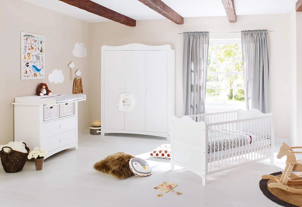 PINOLINO Kinderzimmer-Set Florentina breit groß, 3-tlg. mit Kinderbett, Wickelkommode und Schrank, weiß