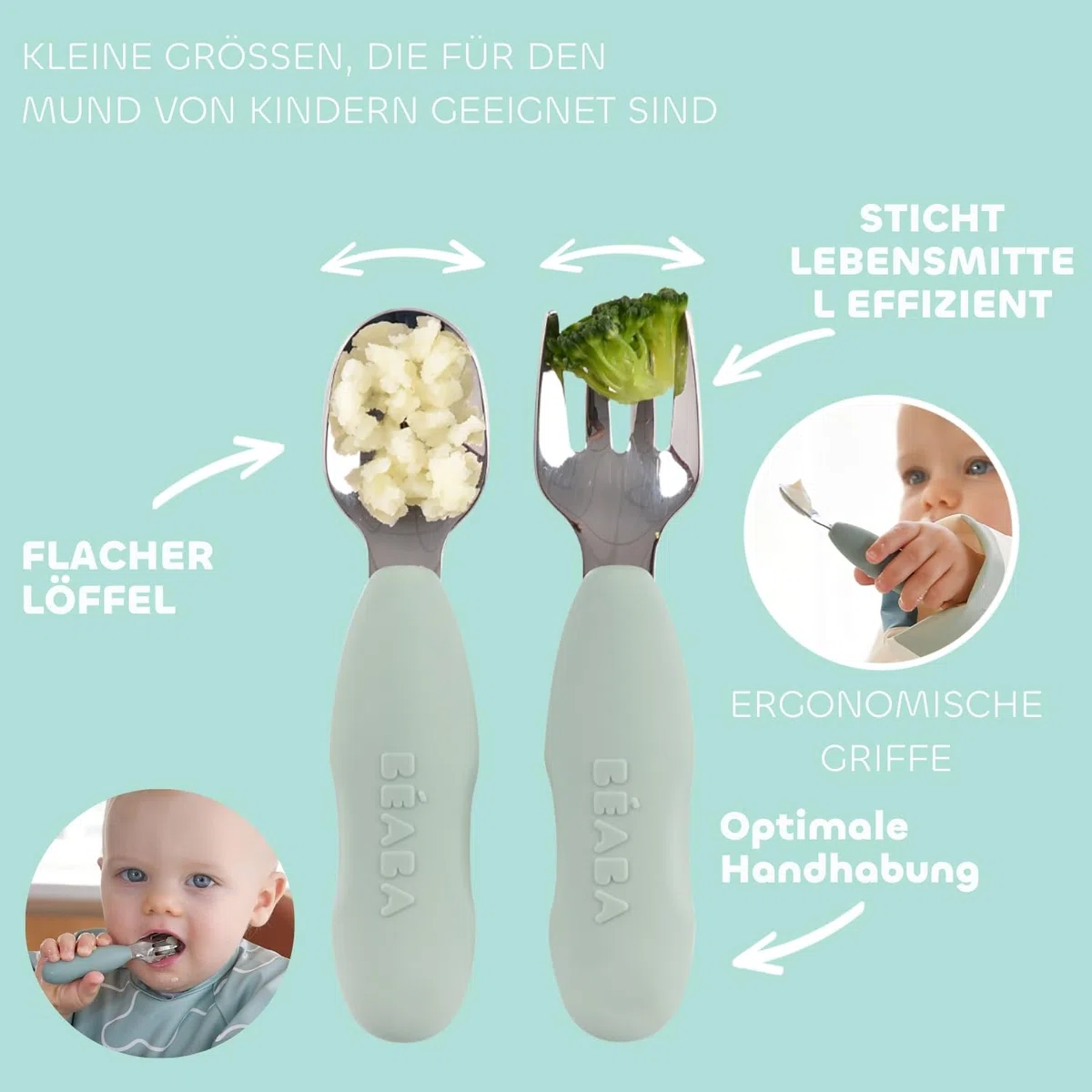 BÉABA Baby-Essensset Geschenkset ab 4 Monaten – Edelstahl-Teller mikrowellengeeignet, Ergonomisches Besteck, Lätzchen mit Ärmeln, Aufbewahrungsbox, Gesunde und Langlebige Materialien – Salbei-Grün