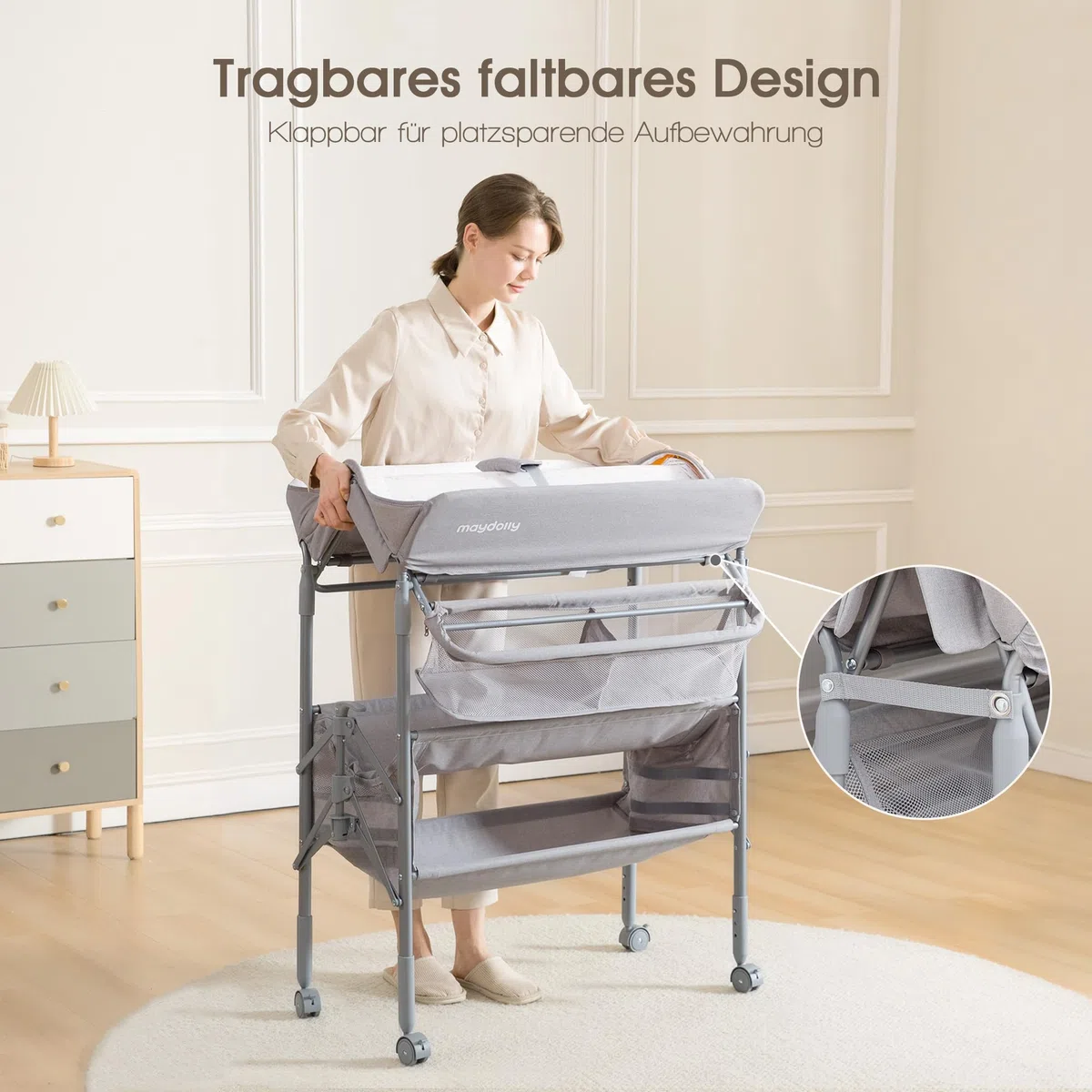 Maydolly Tragbarer Wickeltisch für Babys, Höhenverstellbar mit Rädern, Wasserdichtes Sitzkissen, Grau