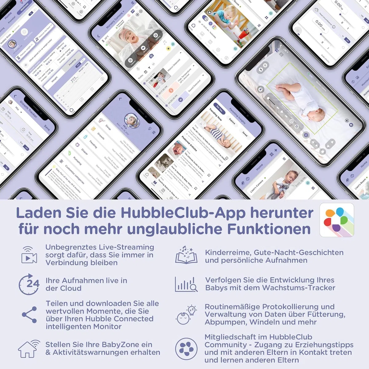 Hubble Connected Nursery Pal Glow, Babyphone mit Kamera, 7-Farben-Nachtlicht, Raumtemperatursensor, Schwenk-Neige-Zoom, 2-Wege-Kommunikation, Nachtsicht, WLAN, App