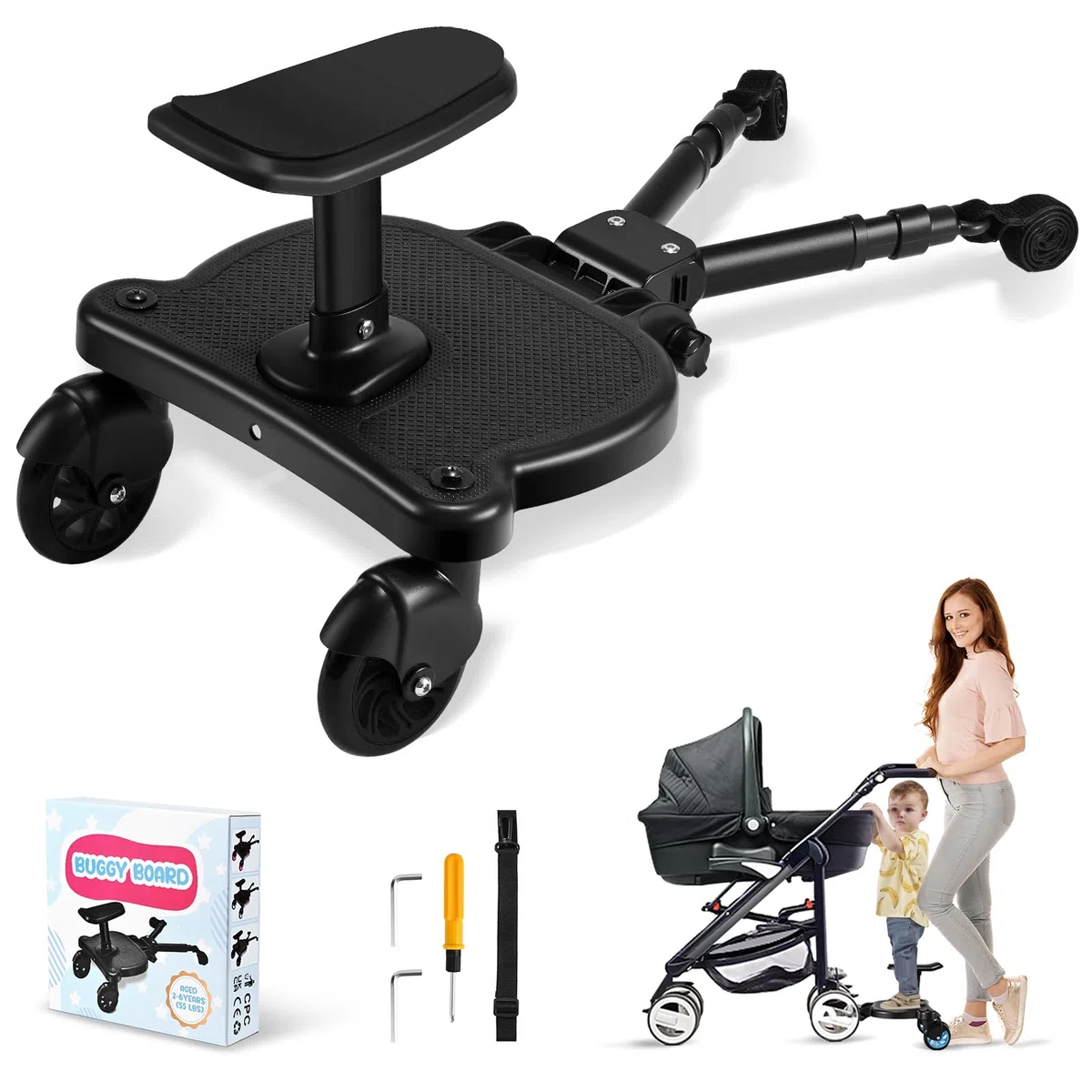Buggy Board mit Sitz, Kinderwagen Trittbrett, Anpassbare Pedale Buggy Board für alle Kinderwagen, Trittbrett für Kinderwagen Universal für Kinder von 2-6 Jahren
