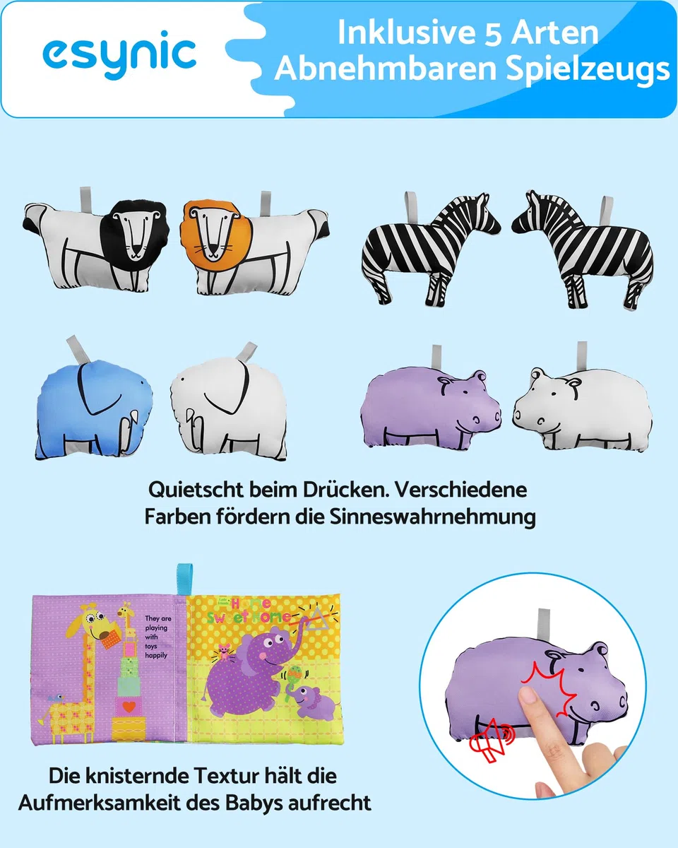 eSynic Baby Gym Spielmatte Spielbogen 7 in 1 Kickin' Tunes Spieldecke Krabbeldecke mit 5 Abnehmbaren Spielzeugen Montessori für Babys von 0-18 Monaten Schwarz-Weiß Kontrast 18 Spielbälle