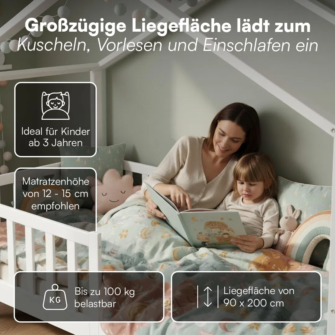 Bellabino Bia Kinderbett 90x200 cm – Hausbett mit Rausfallschutz & Lattenrost – Montessori Kinder Bett aus Massivholz Kiefer – Kinderhausbett für Jungen und Mädchen in Weiß