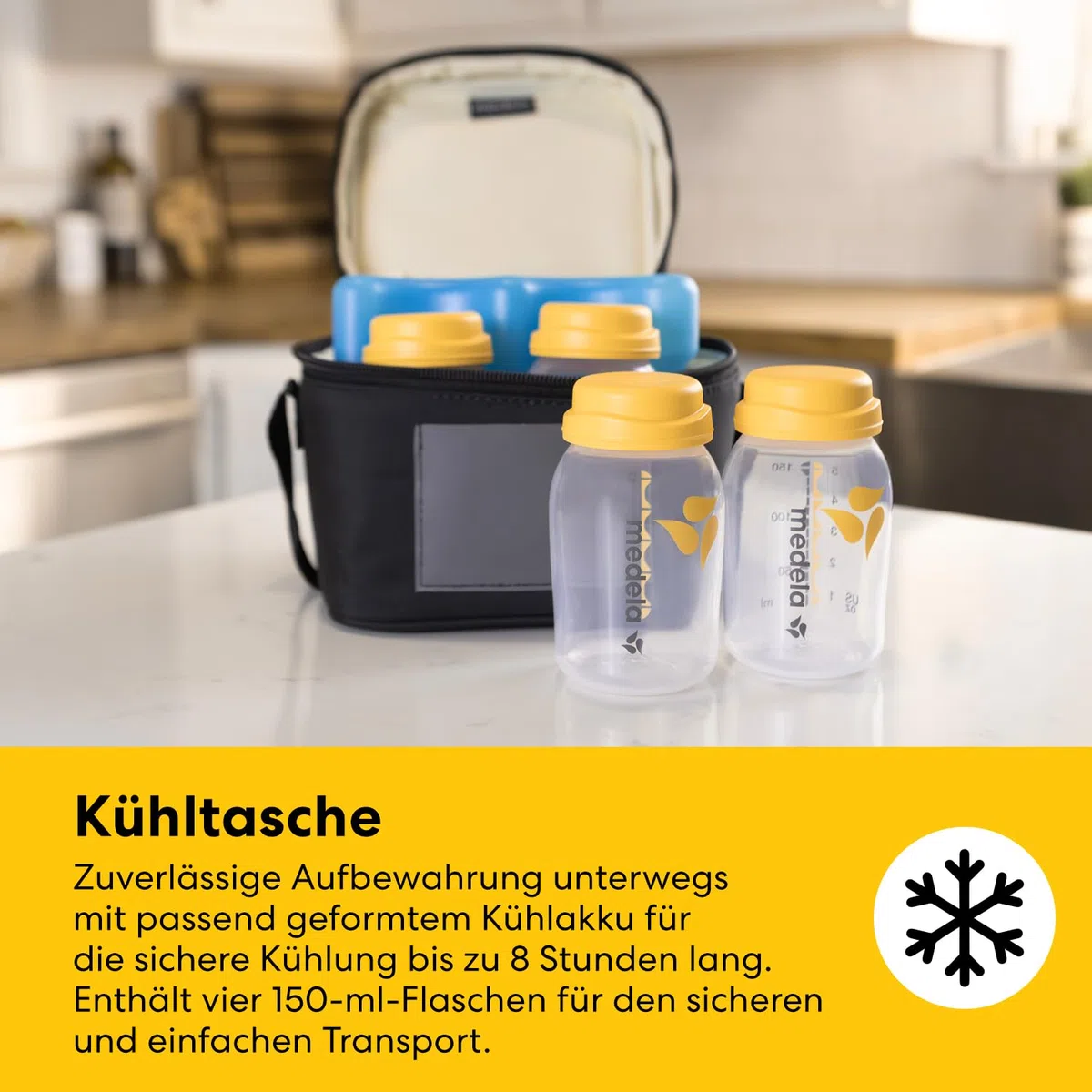 Medela All-in-One Set zur Aufbewahrung von Muttermilch mit 150ml-Flaschen, Easy Pour & wiederverwendbaren Muttermilchbeuteln, Quick Clean Mikrowellenbeuteln & Kühltasche mit passend geformtem Kühlakku