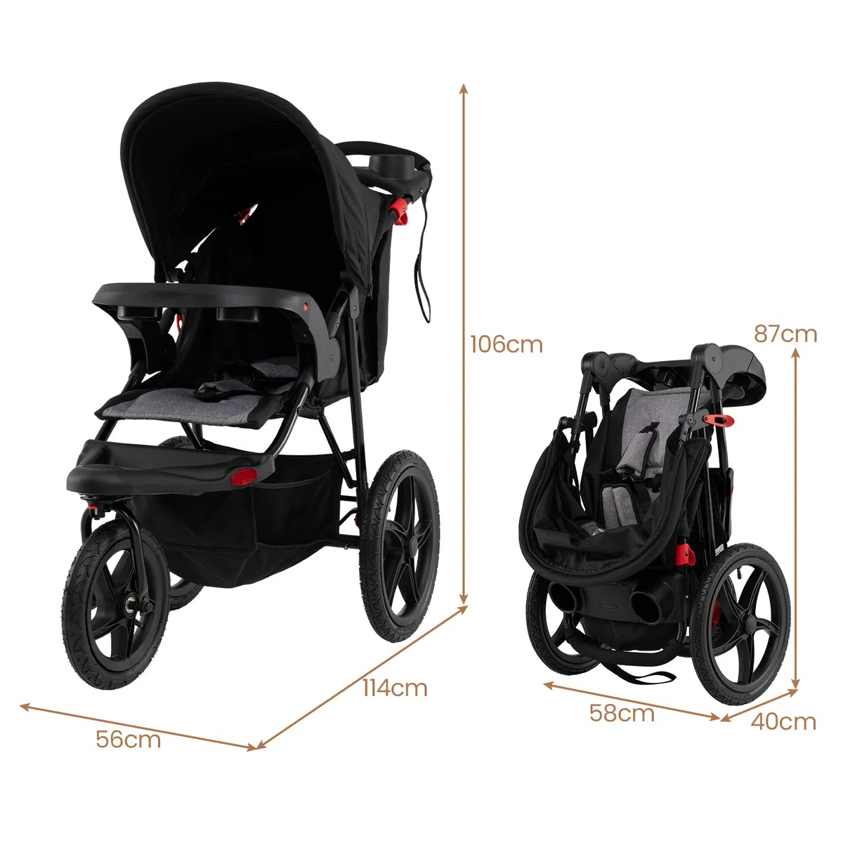 LIFEZEAL Kinderwagen klappbar, Kinderbuggy mit 3 Rädern, verstellbarem Sonnenschutz & 5-Punkt-Gurt, Buggy mit abnehmbarem Tablett & Getränkehalter, bis 22 kg, Schwarz