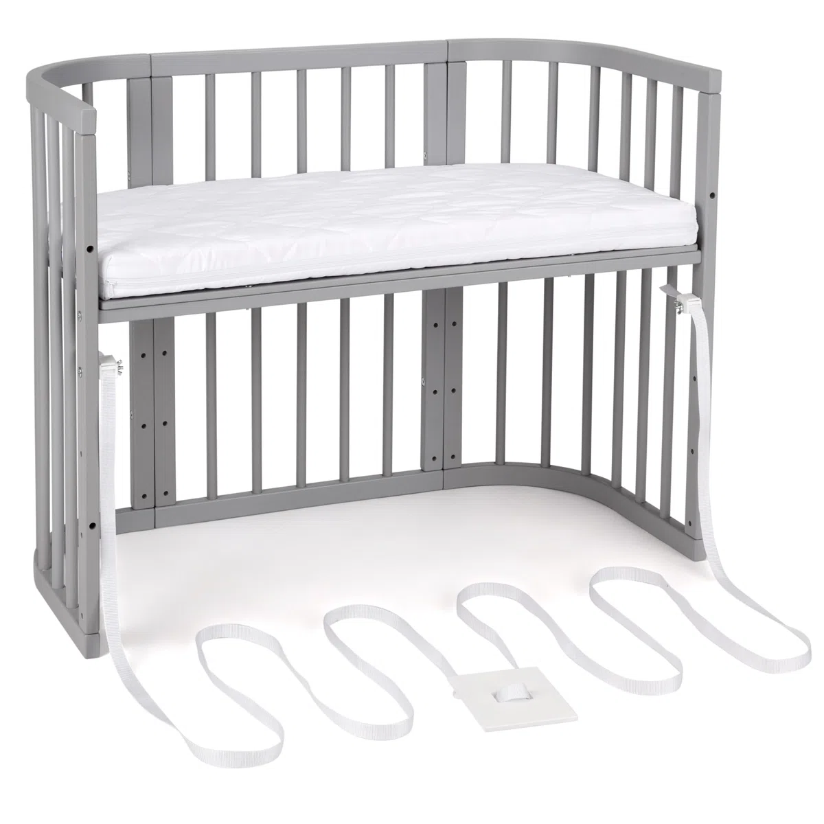 waldin Babybett 5in1, Beistellbett aus Holz, Matratze, Belüftet, Grau | Belüftet, Boden 5-fach verstellbar, Mitwachsend, Wiegefunktion optional