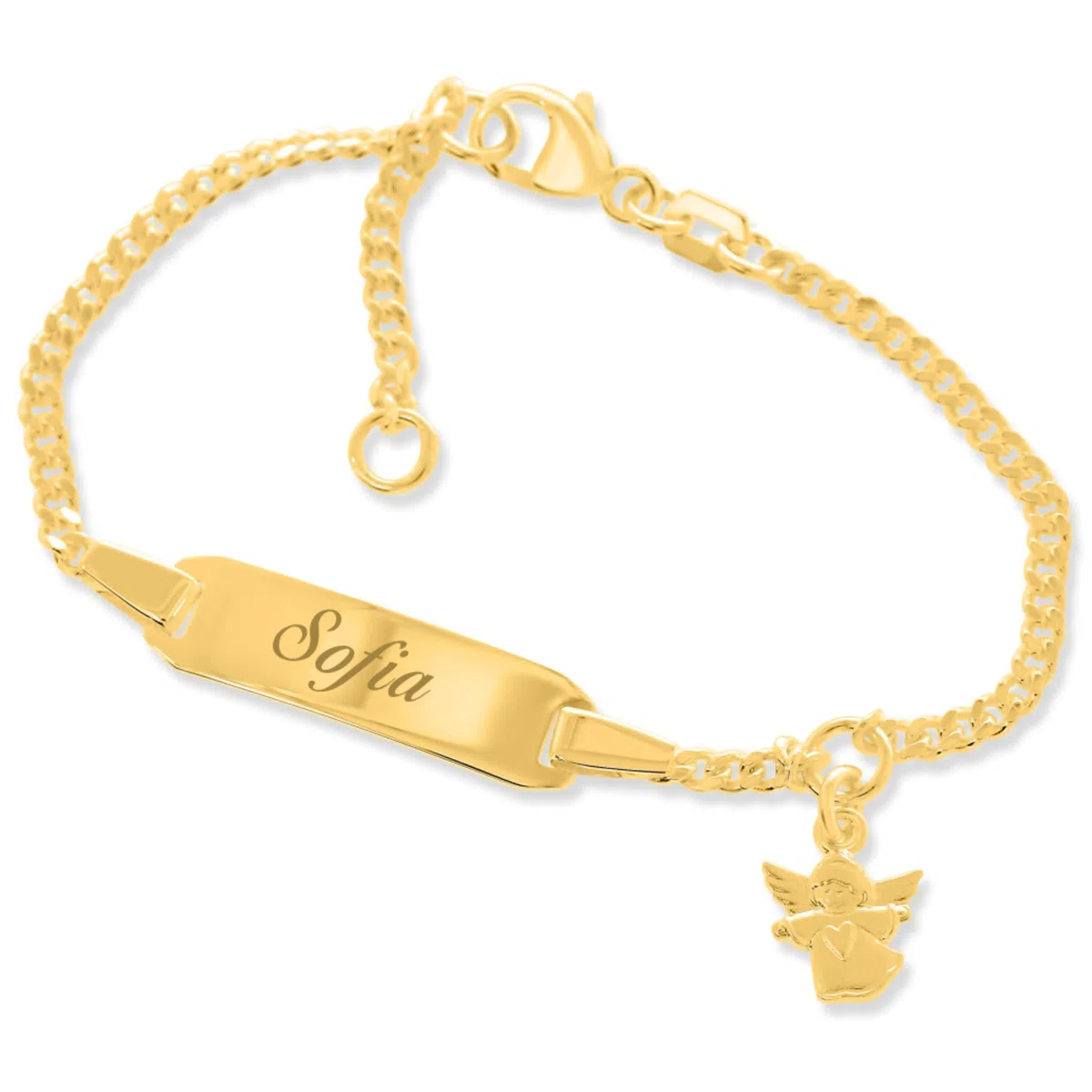 Baby ID Armband mit Engel Taufarmband Gravur Babyarmband 925 Silber vergoldet Taufschmuck mit Namen kurz 12cm 14cm Gold personalisiert