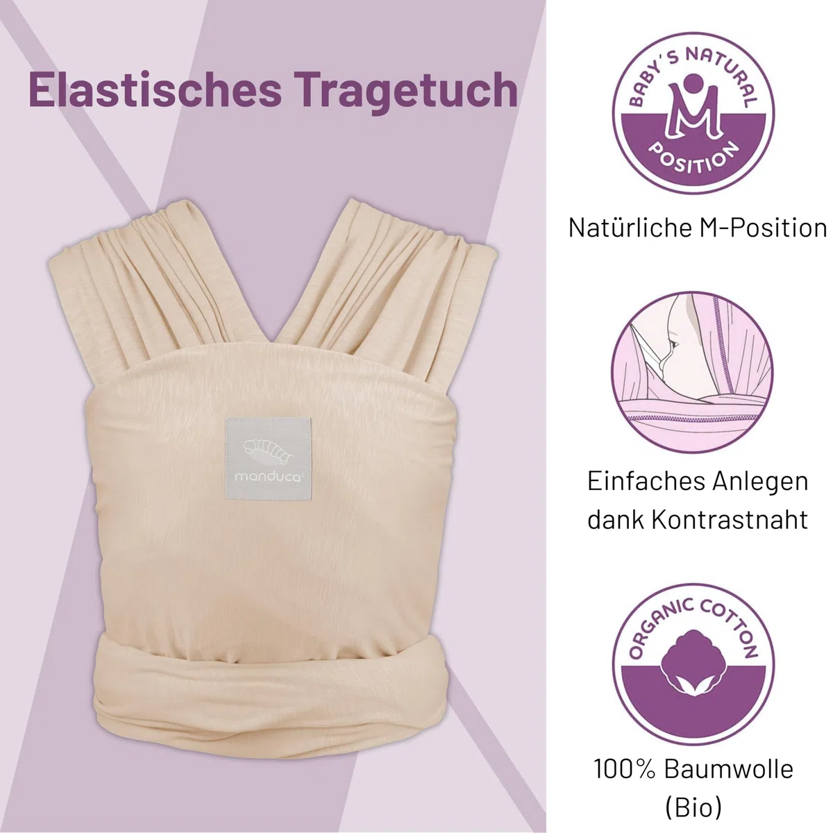 manduca Sling – elastisches Babytragetuch für Neugeborene ab 3,5 kg und Babys bis 15 kg – stabiles Tragetuch aus weichem Jersey-Strickstoff aus 100% Baumwolle (Bio) – Einheitsgröße, Farbe: powder