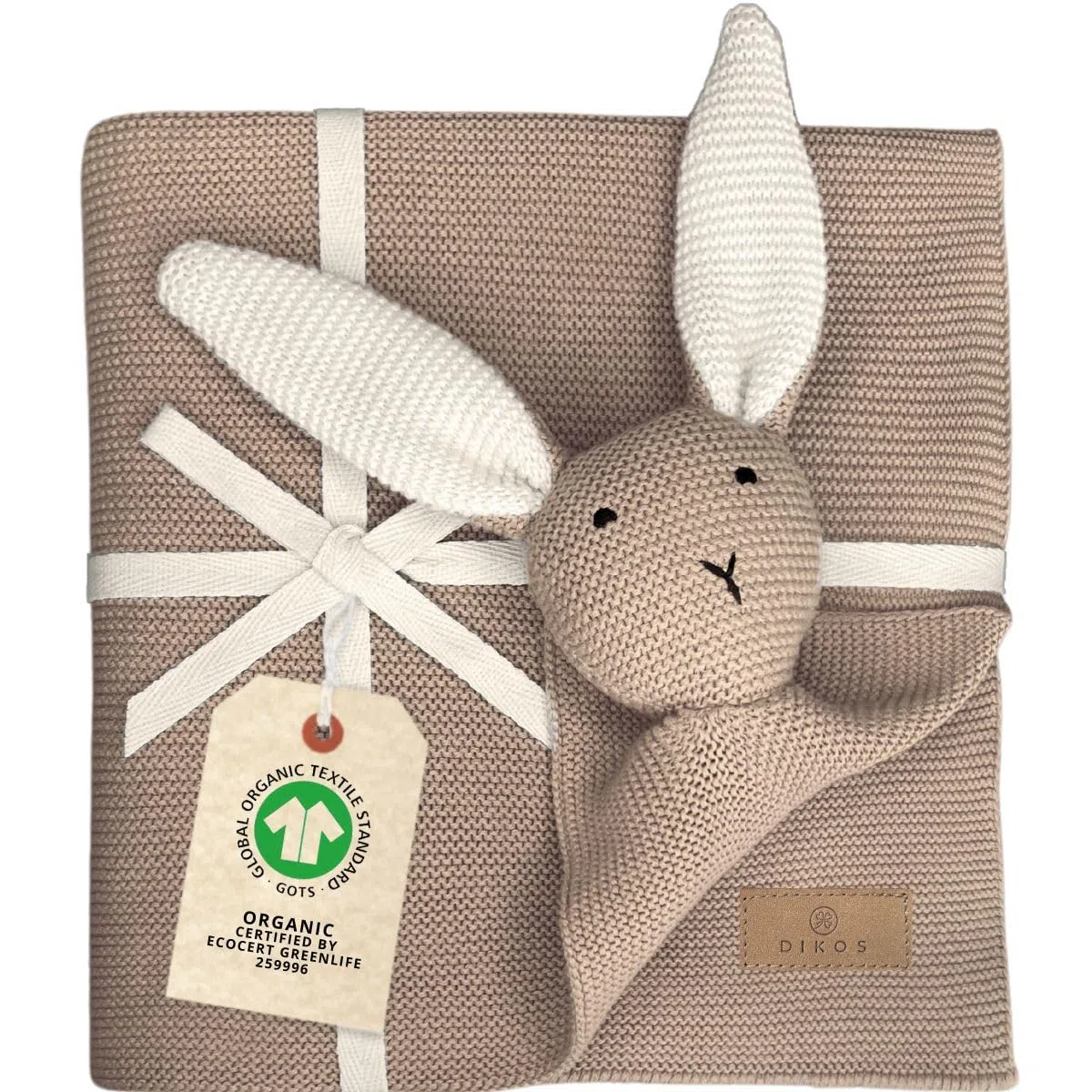 DIKOS Original 2-in-1 Babydecke & Kuscheltuch SCHMUSE-Hase – Weiche Kuscheldecke für Baby Mädchen & Jungen aus Bio-Baumwolle (Oeko Tex) – Weiche Baby-Decke als Geschenk zur Geburt – Warmes Taupe