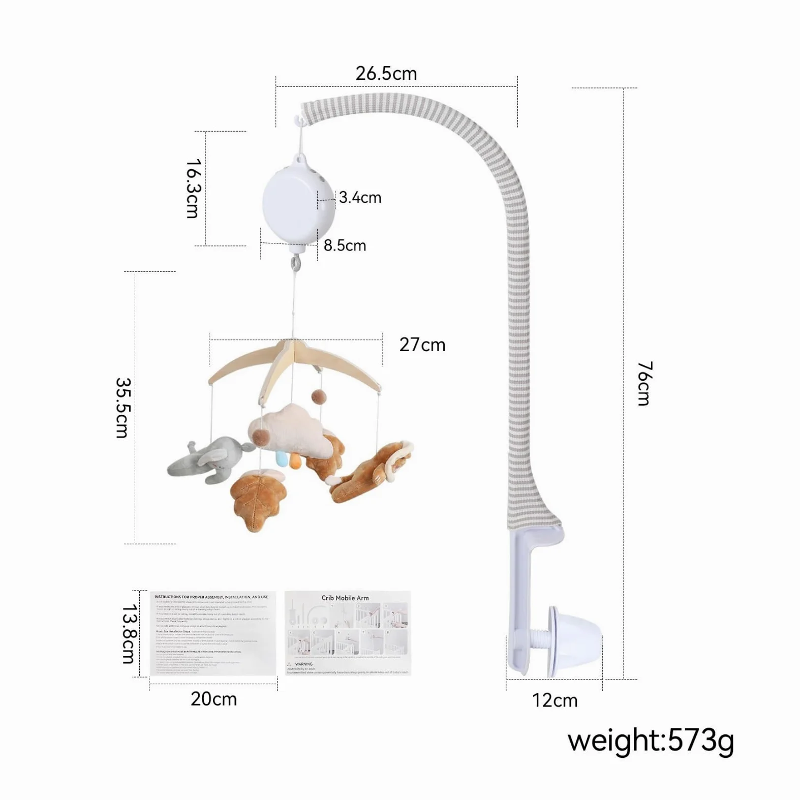 Qianly Mobile-Halterung mit Klemme klemmbar Mobile-Halterung mit Stange gebogen Mobilestange für Kinderzimmer, Kristallflausch-Elefant Mit Kunststoffhalterung-Set