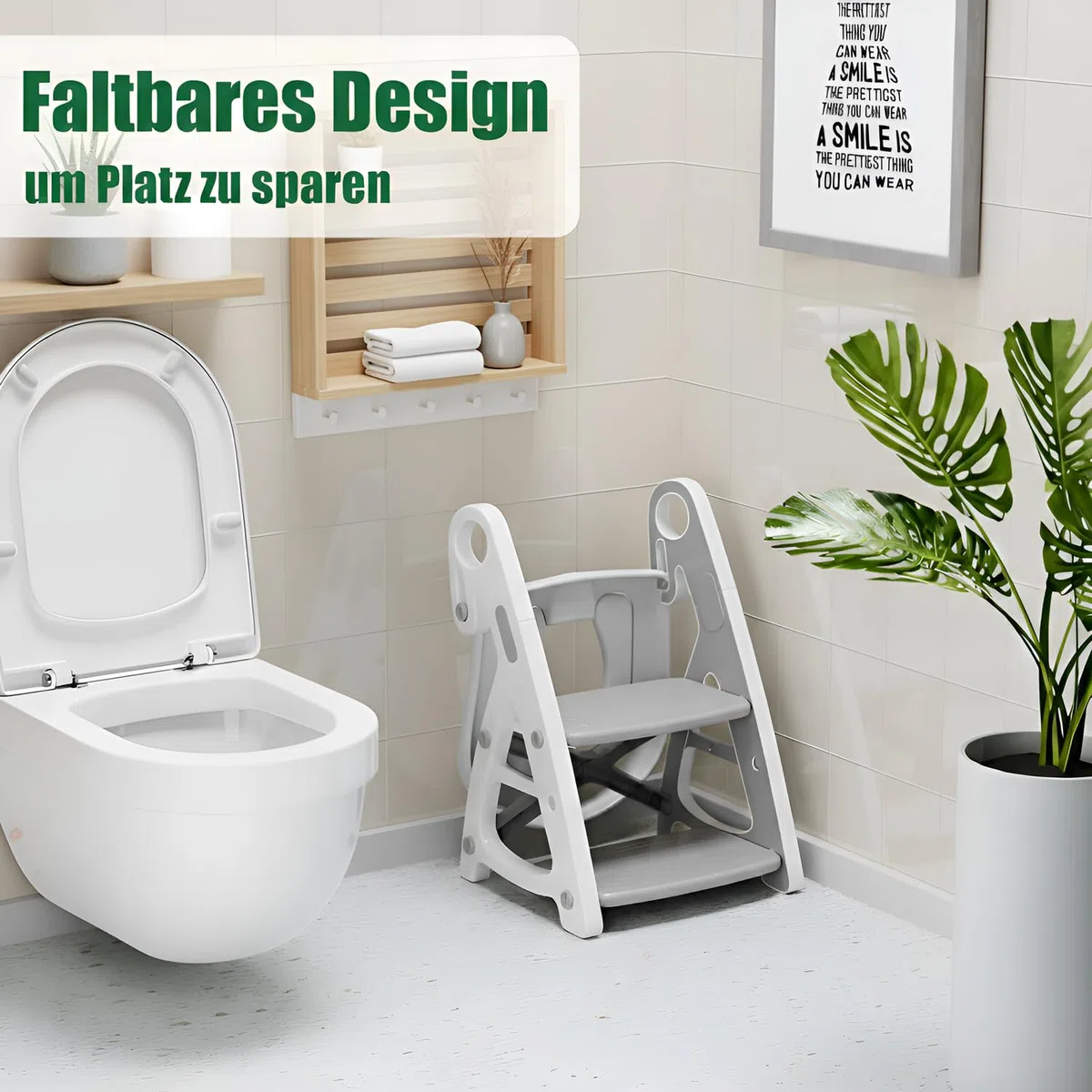 Baby-Toilettensitz 2 in 1 mit Treppe, Stabile Dreieckige Struktur, Kinder Tritthocker, Faltbar Töpfchentrainer mit verstellbarem Pedal und Sitzhöhe, mit großes Pedal und Griffe, PU-Futter, Grau