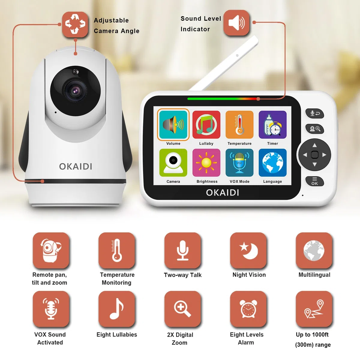 OKAIDI 12,7 cm (5 Zoll) Bildschirm Pan-Tilt-Zoom Video Babyphone mit Kamera und Audio | Babyphone Kein WLAN, 30H Akku, 1000 Fuß Reichweite Babykamera, Nachtsicht, 2-Wege-Talk, ECO-Modus, Temperatur, 8 Schlaflieder