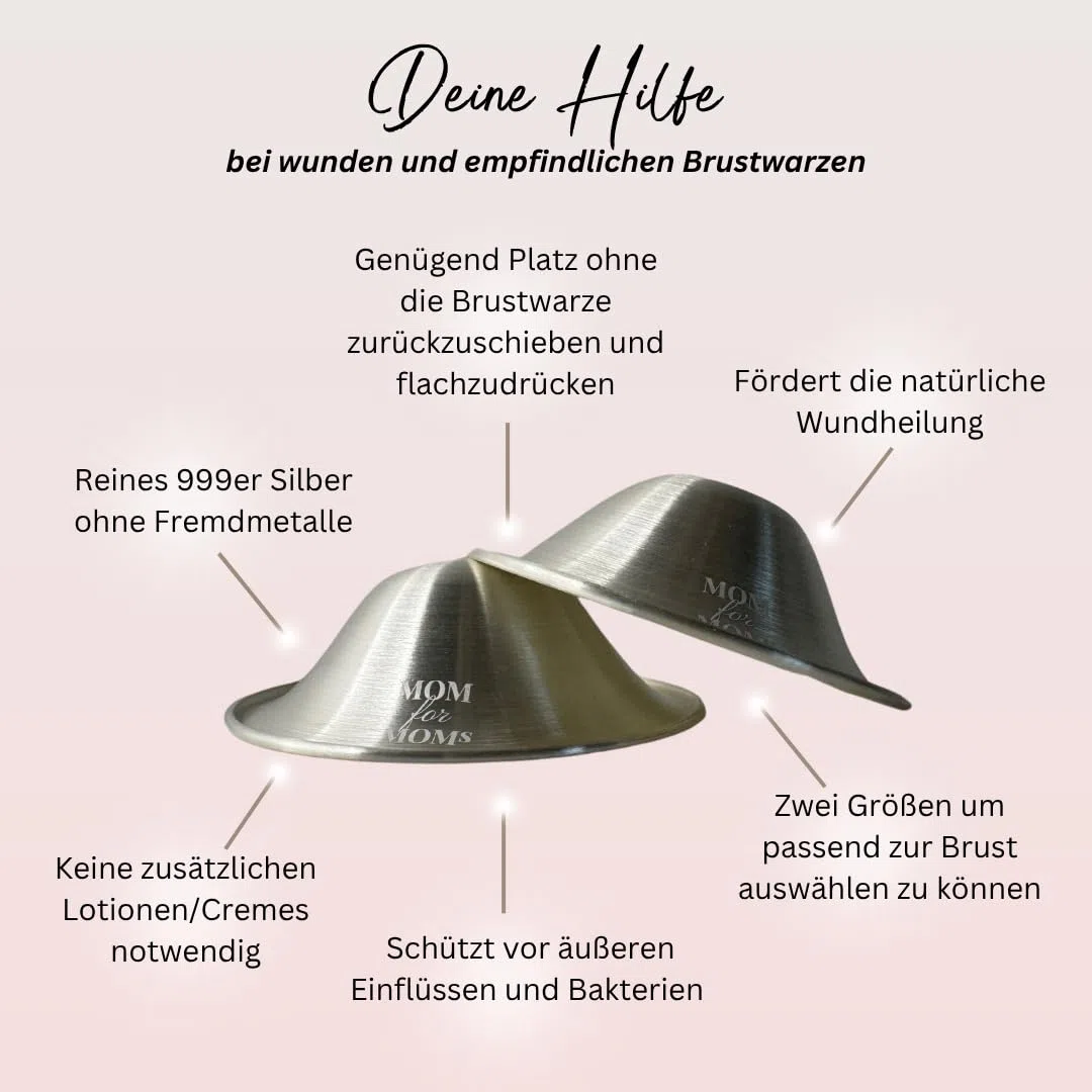 Mom for Moms Silberhütchen 999er Silber/natürliche Wundheilung der Brustwarzen/für ein angenehmes Stillen und Wochenbett/mehr Platz und Schutz der Brustwarzen/Stillzubehör 2 Stk (L/XL)