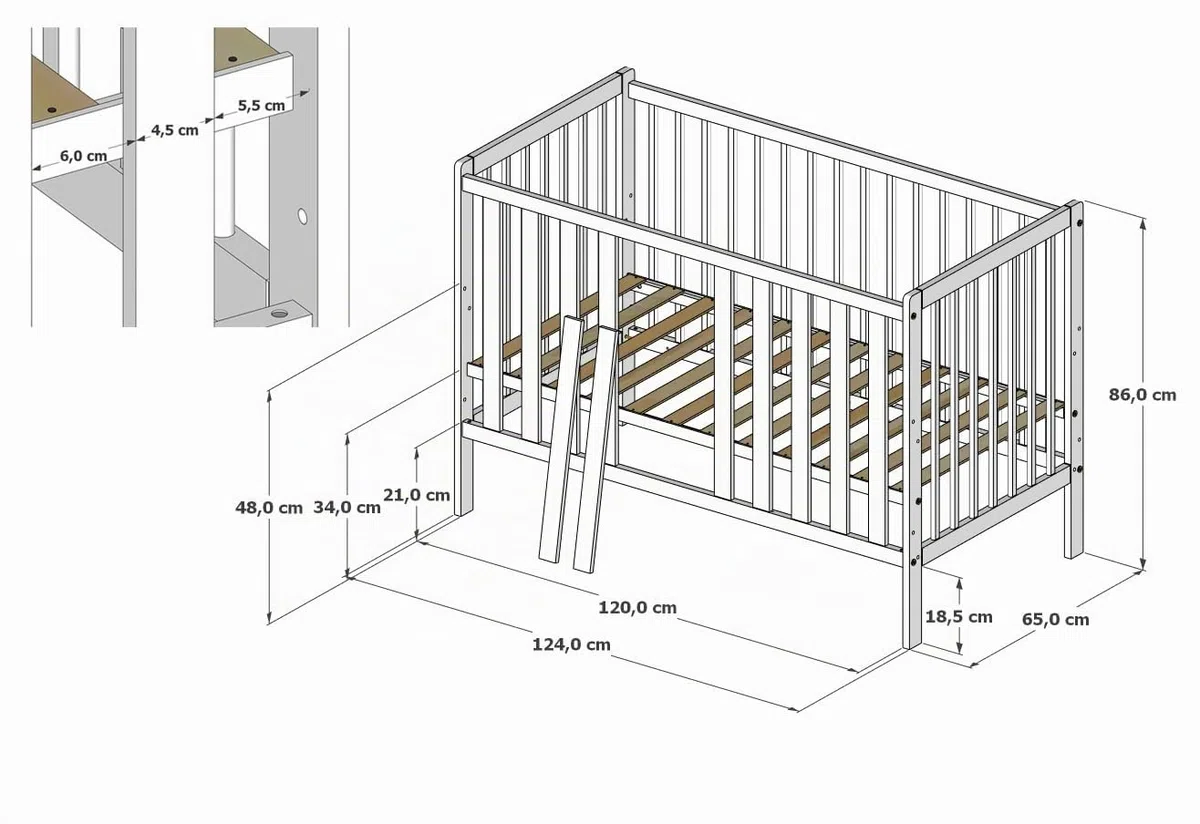 zee Bambi Kaschmir Babybett Set 120x60 cm mit Schublade & Barriere + Wickelkommode LOFT mit Wickeltisch Babyzimmer Möbel Set Kinderbett Umbaubar zum Juniorbett Baby Bed Robustes Gitterbett