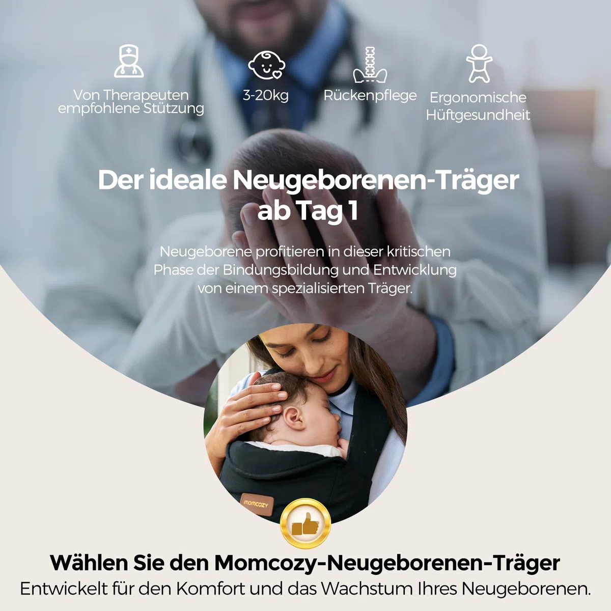 Momcozy Babytrage Neugeborene ab Geburt | Ergonomische Tragehilfe mit Nackenstütze | Leicht & sicher (3-11 kg),Schwarz