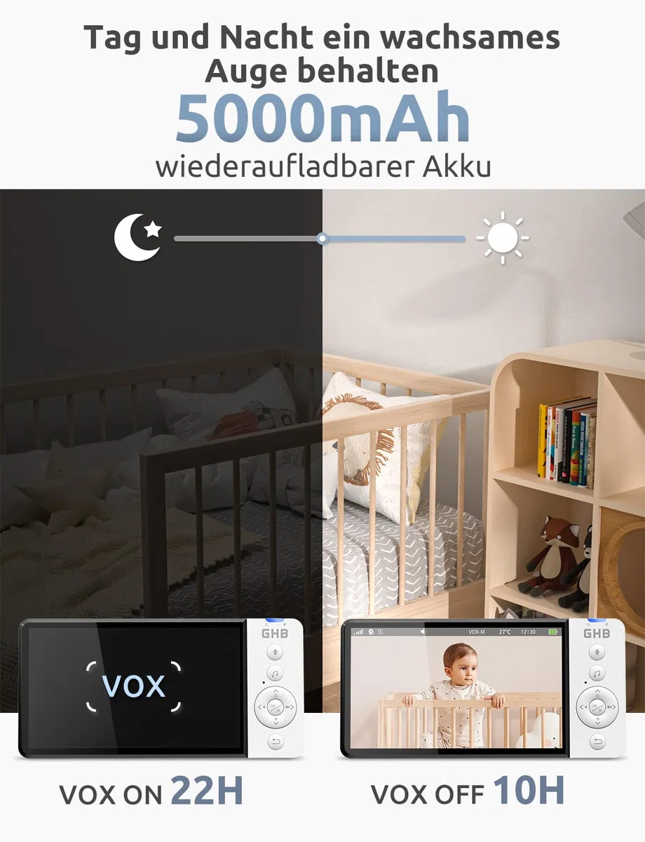 GHB Babyphone mit Kamera 5 Zoll HD 5000mAh IPS-Display VOX-Modus 4X Zoom Nachtsicht Temperaturanzeige Zwei-Wege-Audio 720P Nicht drehbar