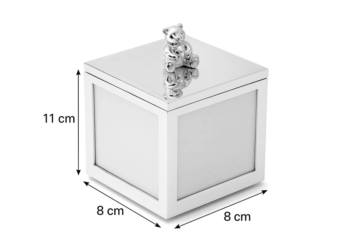Design Fotobox mit Musikspieluhr silber glänzend sich drehende Erinnerungsbox mit Spieluhr Melodie Funkel, funkel, kleiner Stern (Gravur bis 30 Zeichen)
