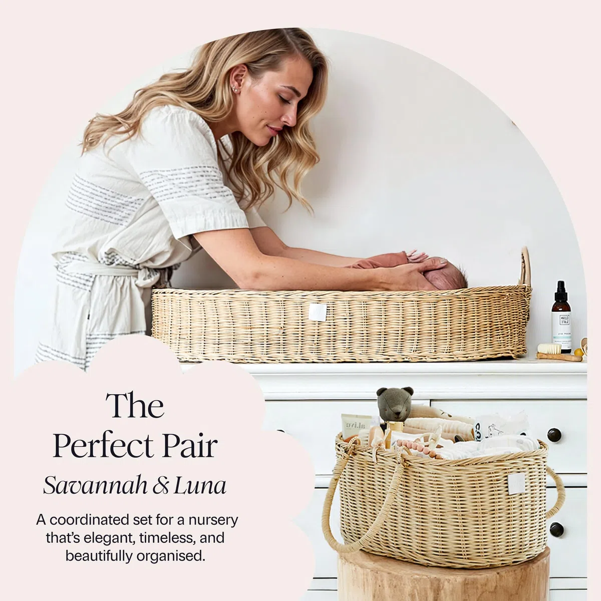 BEBE BASK Baby-Windel-Caddy Organizer – handgefertigter Bio-Rattan-Korb für Mädchen und Jungen – luxuriöse Aufbewahrung für Kinderzimmer