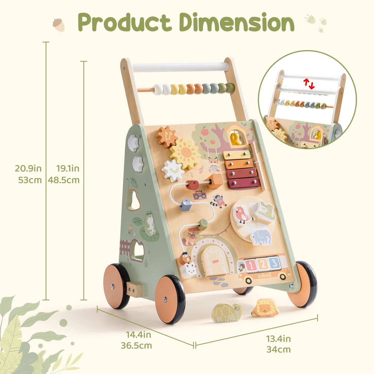 ROBUD Holzroller für Kleinkinder, 8-in-1 multifunktionales Spielzeug mit Aktivitätszentrum, viel Stauraum, Höhen- und Geschwindigkeitskontrolle, pädagogische Lernroller für