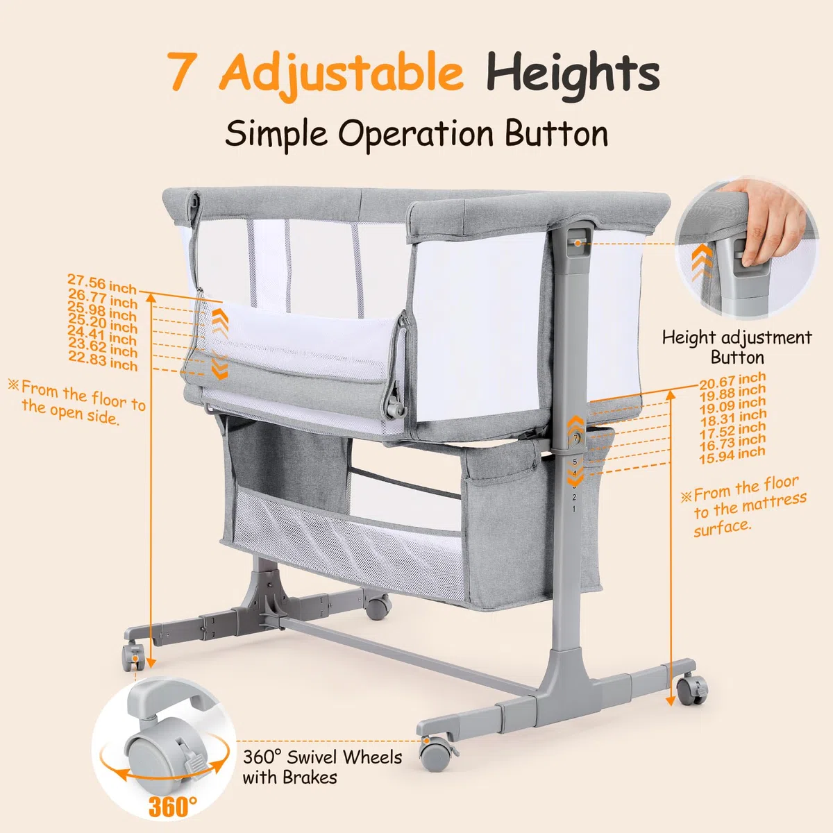 Beistellbett Baby Bettseitiger Bassinet für Neugeborene Tragbar mit Rädern Höhenverstellbar Hellgrau