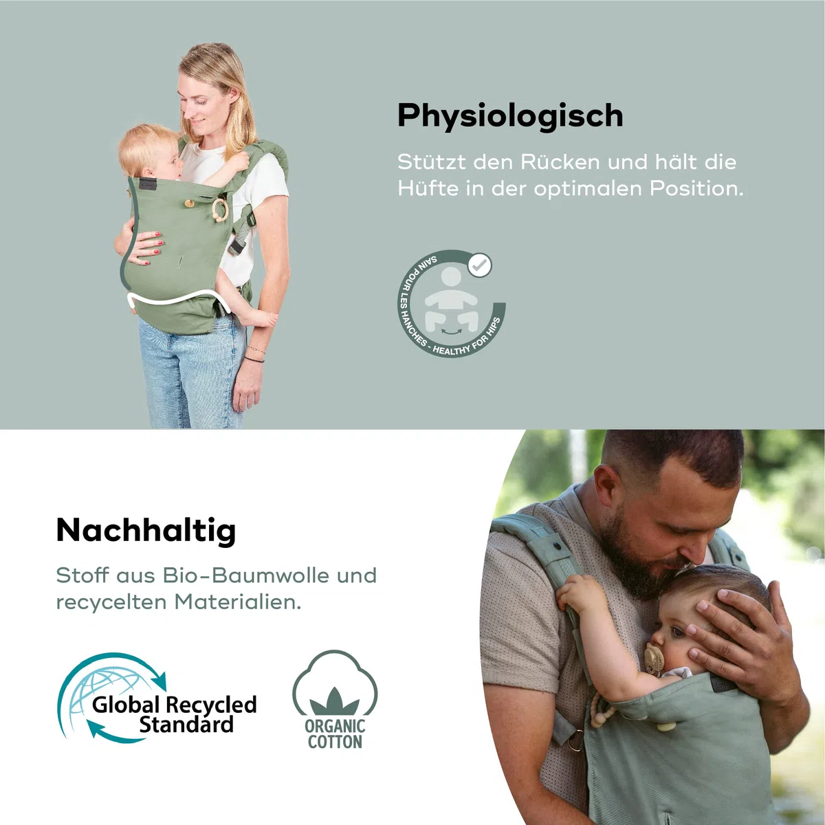 Babymoov Babytrage Moov & Boost Sage green - ergonomisch, für Babys und Kleinkinder, bis 20 kg