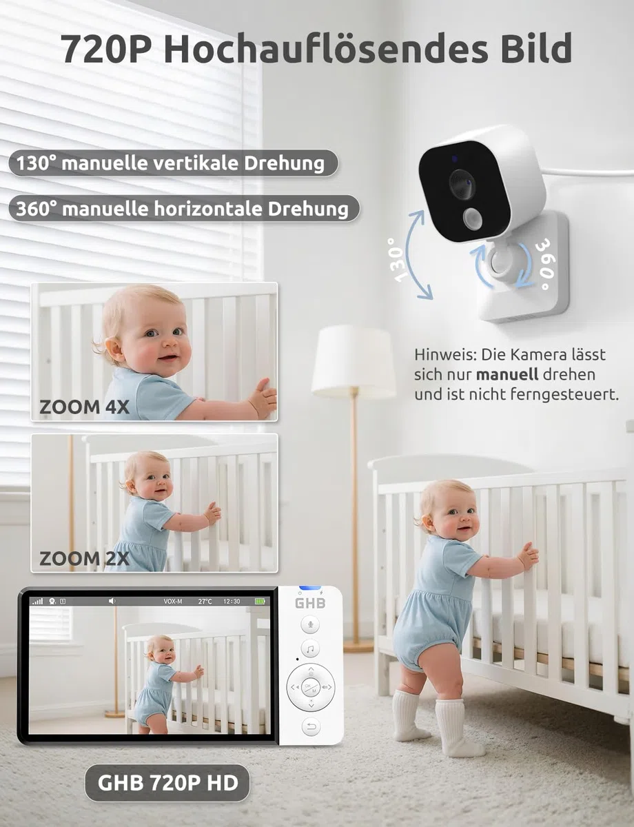 GHB Babyphone mit Kamera 5 Zoll HD 5000mAh IPS-Display VOX-Modus 4X Zoom Nachtsicht Temperaturanzeige Zwei-Wege-Audio 720P Nicht drehbar