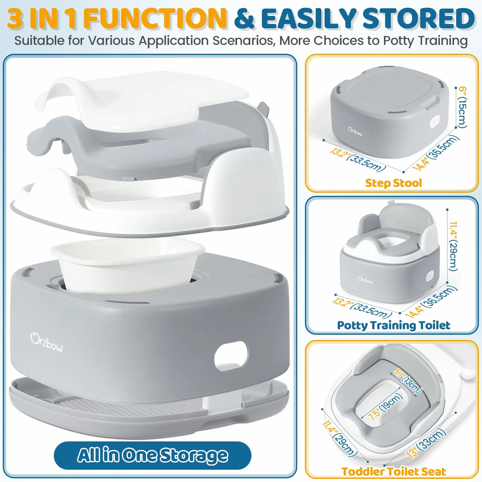 Orzbow Töpfchen für Kinder, 3-in-1 Toilettensitz Kinder mit Tritthocker, Verstaubar Kindertoilette mit Spritzschutz, Einfaches Design, Leicht zu Reinigen, Glatt und Gratfrei, Grau