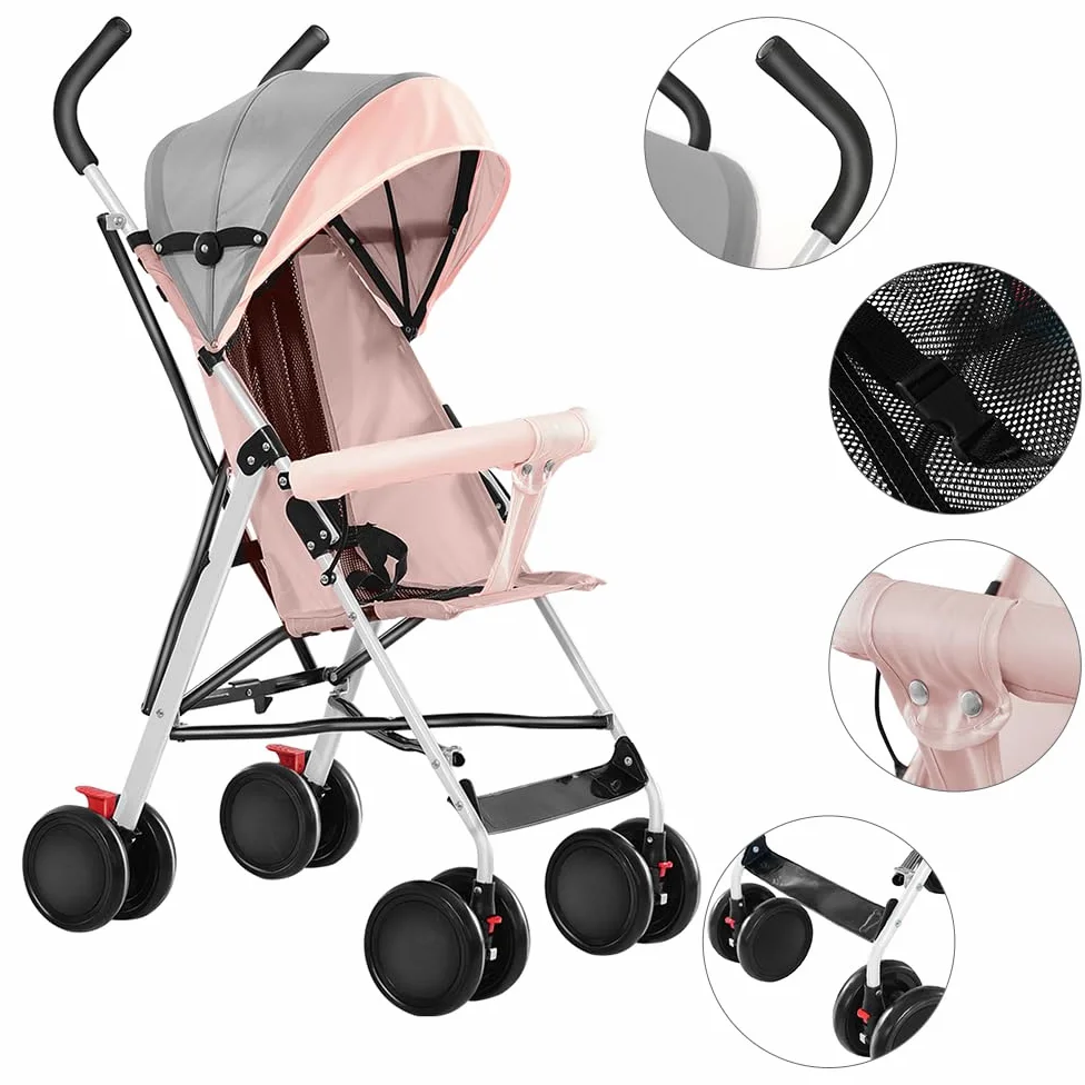 Kinderbuggy, Kinderwagen Zusammenklappbar, Reise-Kinderwagen mit Wattepads und Moskitonetzen (Rosa)