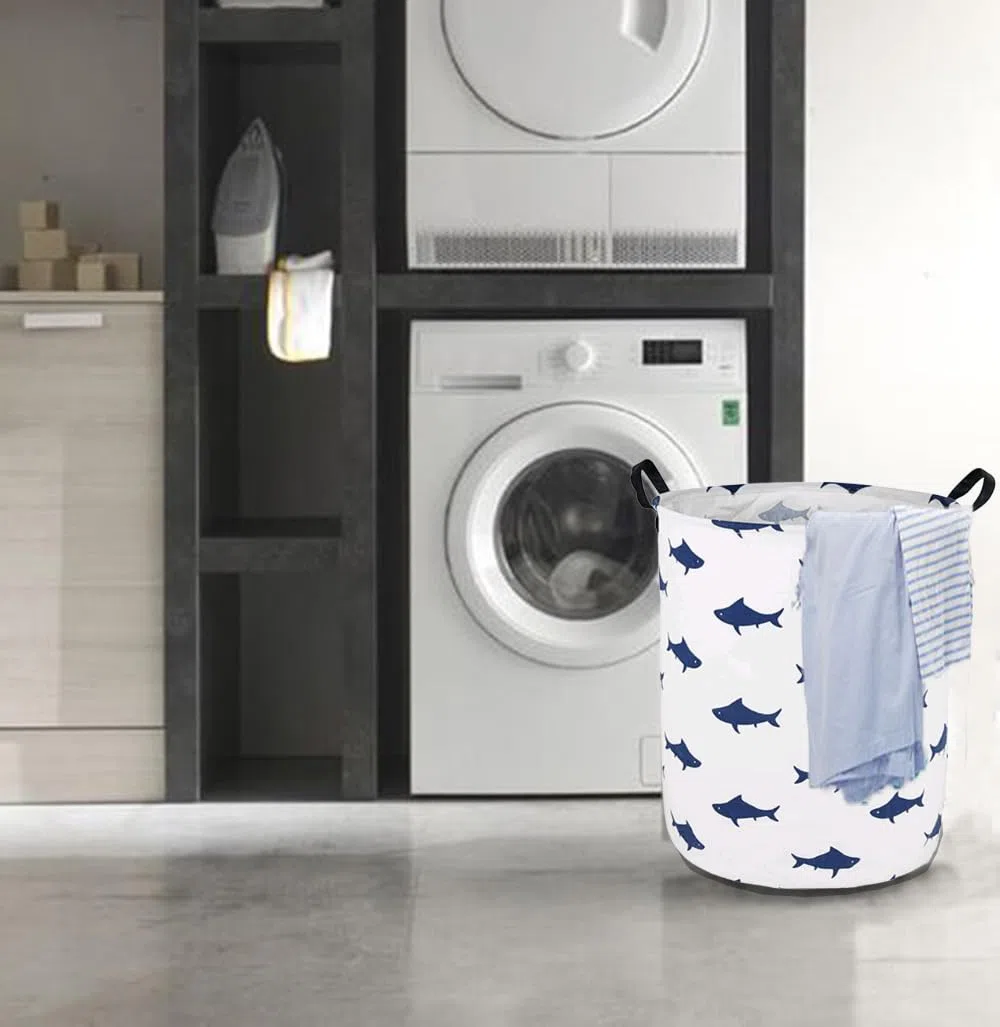 Runder Wäschekorb mit Haifisch-Muster, Aufbewahrungskorb, Stoffmaterial, Aufbewahrungskorb, Aufbewahrungskorb, Geschenkbox, mit Griffen für Zimmer