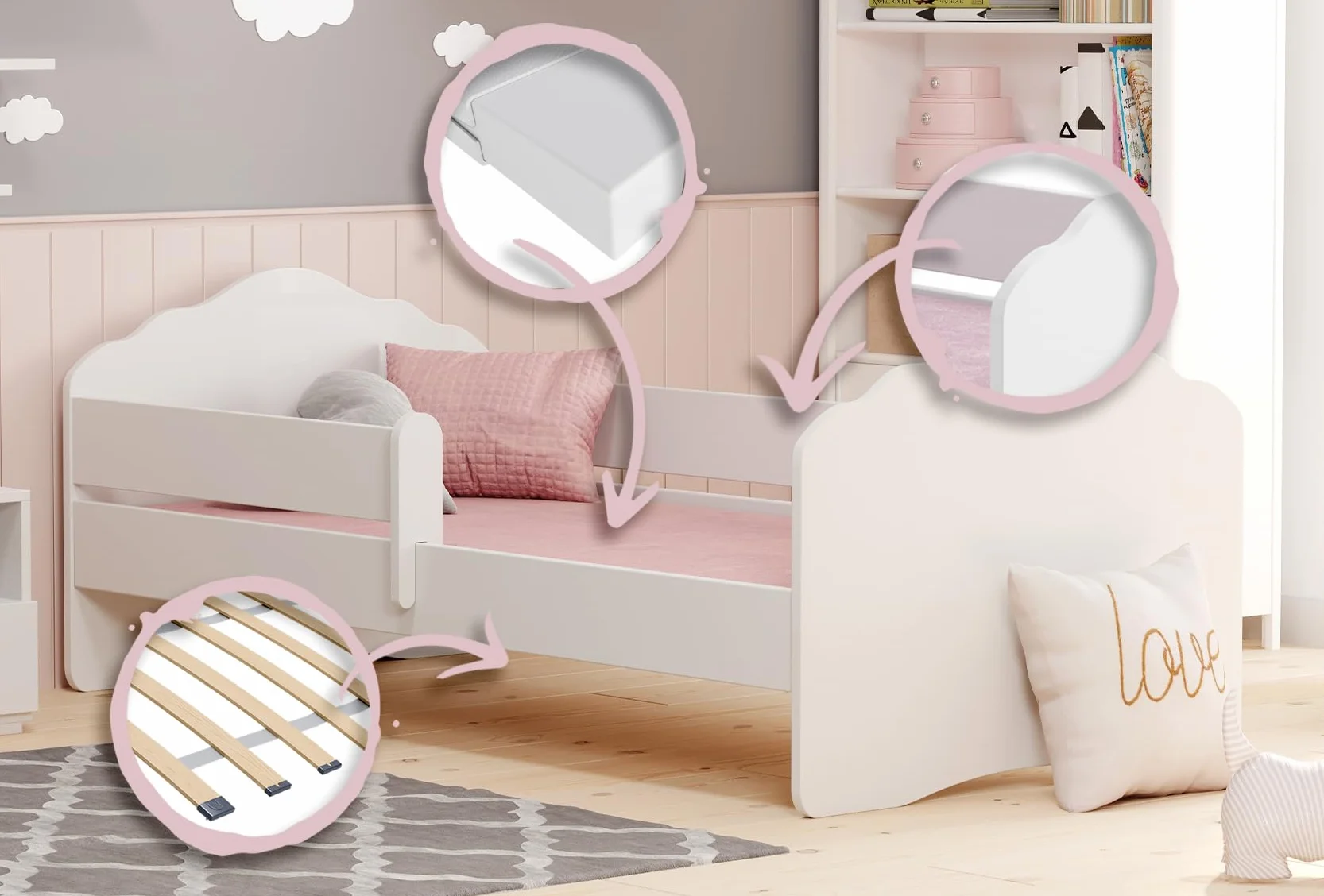 KOBI Fala Kinderbett mit Rausfallschutz | 140 x 70 cm | Kinderbetten mit Matratze Komplett Set | Einzelbett Kinder Bett | Mädchen Junge | Modern Weiss Kids Bed Children