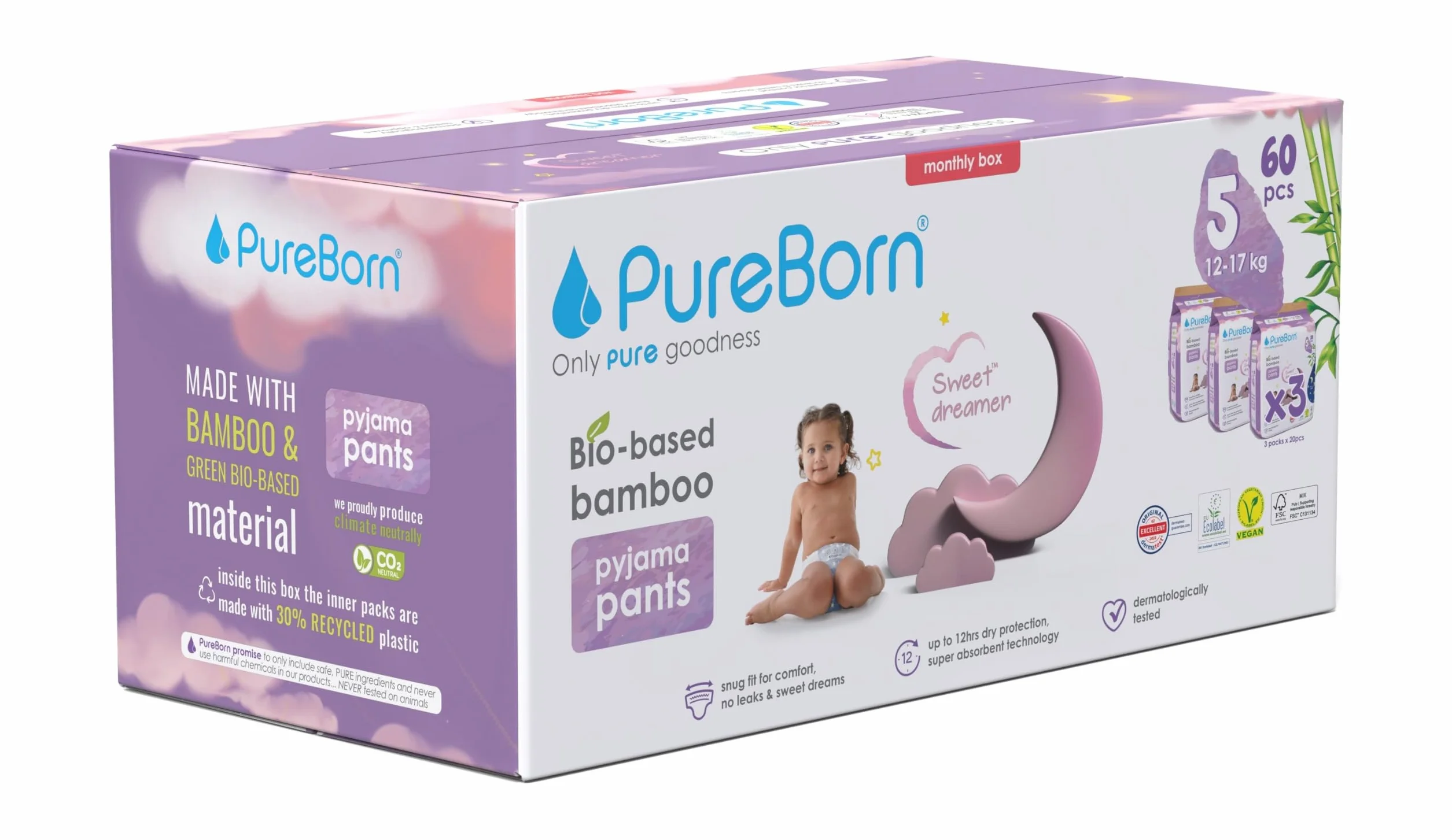 PureBorn Bio Bambus Nachtwindeln, Größe 5 (12-17 kg), 60 Stück Pyjama Windeln Pants, Auslaufschutz für die ganze Nacht, Extra Absorption, Geruchsschutz, Höschenwindeln mit Nässeindikator