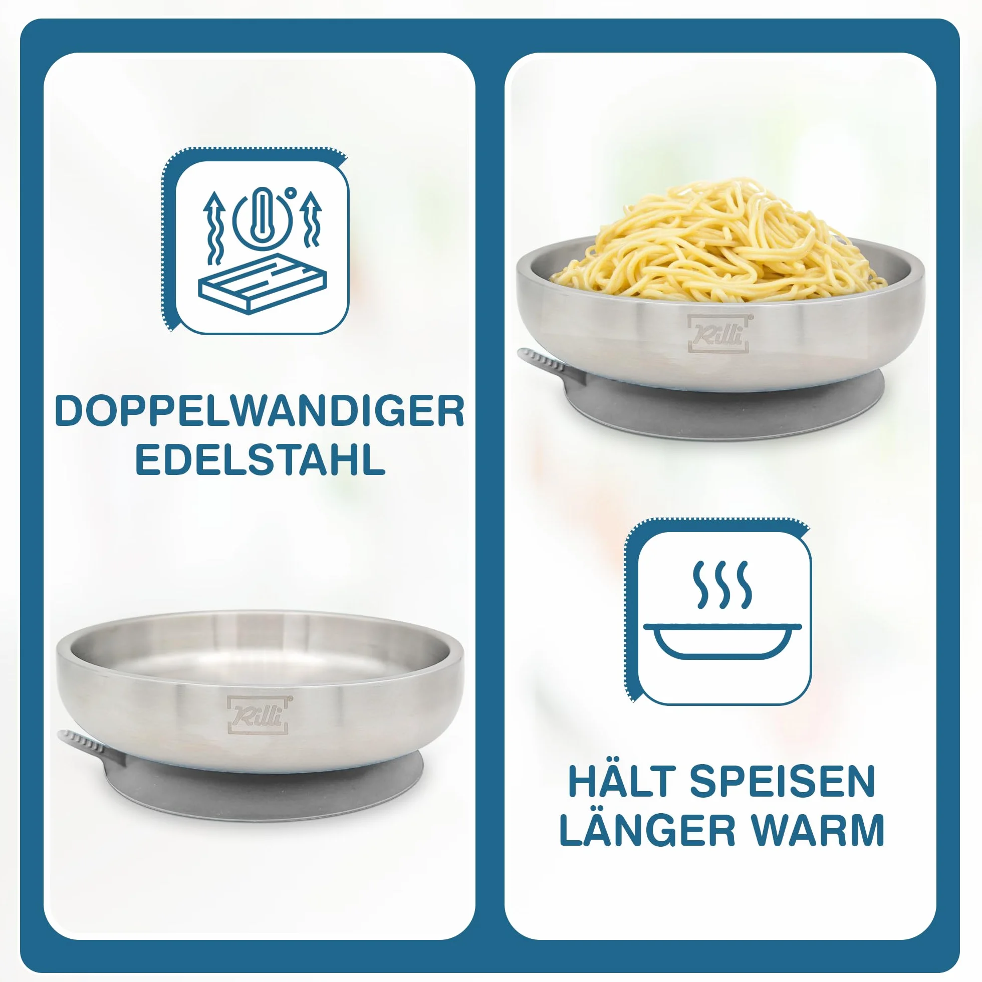Rilli Edelstahl Teller für Babys mit Saugnapf, tiefer Kinderteller, grau | Doppelwandiger 304er Edelstahl · BPA-frei · schadstoffgeprüft · spülmaschinenfest · für BLW und Beikost