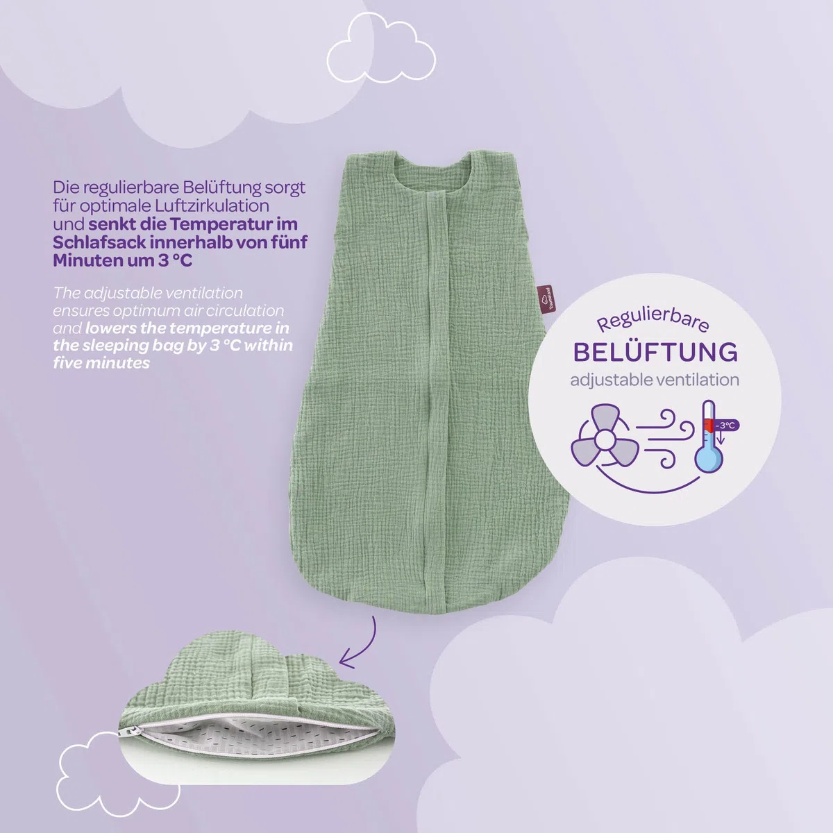 TRÄUMELAND – Baby Sommerschlafsack in pflaume 0.5 TOG, leichter atmungsaktiver Schlafsack aus Musselin für warme Sommernächte, Öko-Tex 100 zertifiziert, schadstofffrei & hautfreundlich
