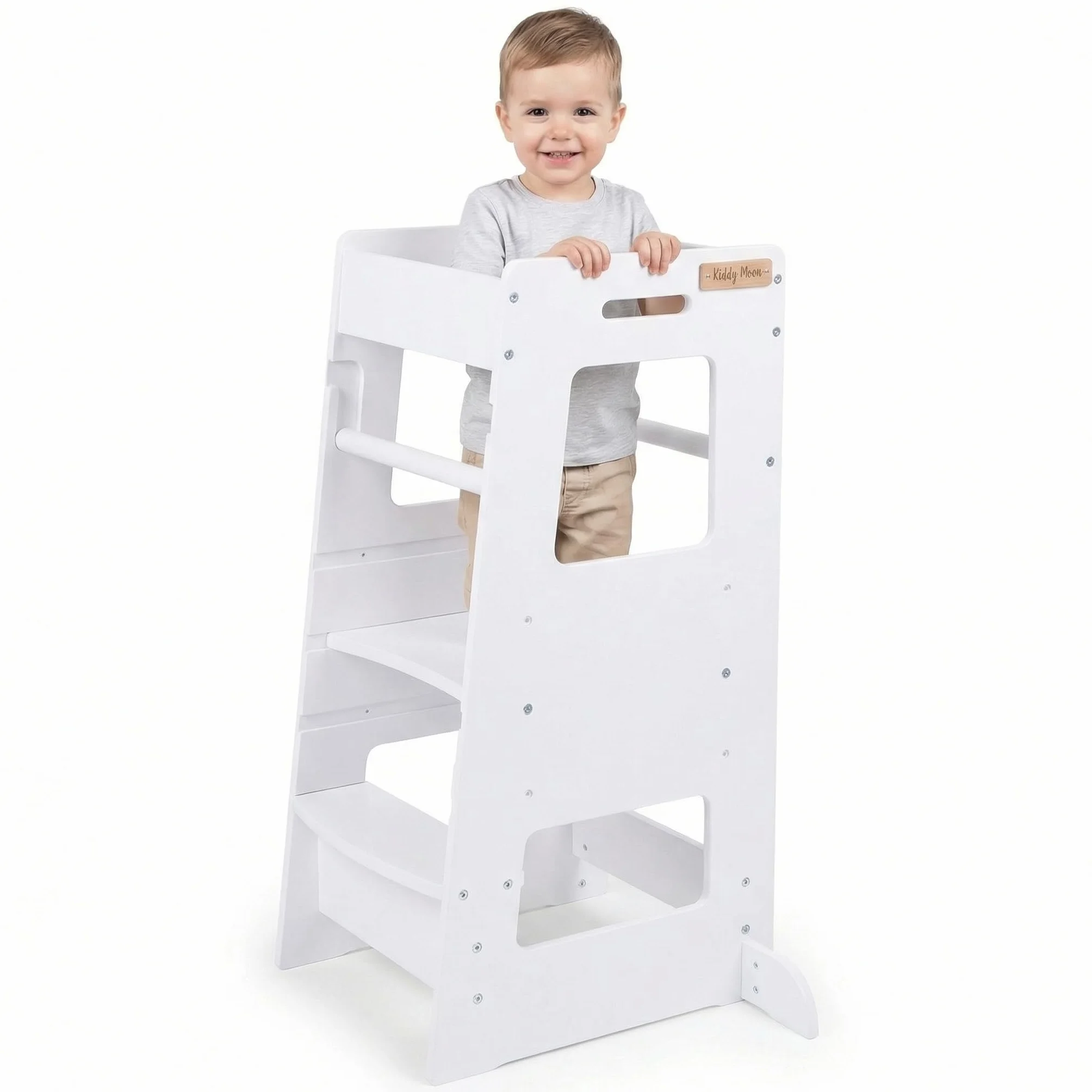 KiddyMoon Lernturm Für Kinder Ab 1 Jahr, Anti-Kipp-Schutz, 3-Fach Höhenverstellbar, Schutzbügel, Montessori Küchenhelfer, Weiß