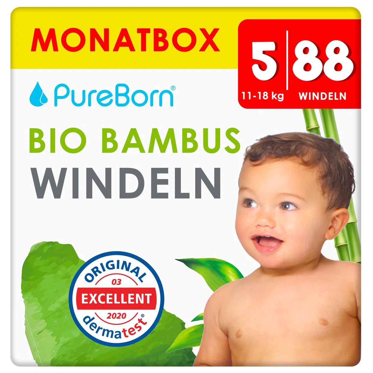PureBorn 88 Windeln Größe 5 (7-12 kg), Ultra-Saugfähig, Hypoallergen, Weich & Sanft für Babys (12-24 Monate), Dermatologisch Getestet, Auslaufsicher, Umweltfreundlich aus Bambus