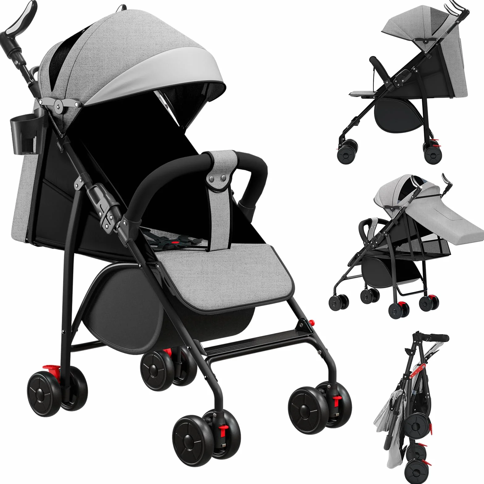 OHMG Reisebuggy flugzeug handgepäck,Kinderkraft Kinderwagen,Leichte Reise Buggy,Liegeposition, Kleine Maße nach Zusammenklappen,Vergrößerbares Verdeck,Für Geburt, bis 22 kg (A-Grau)