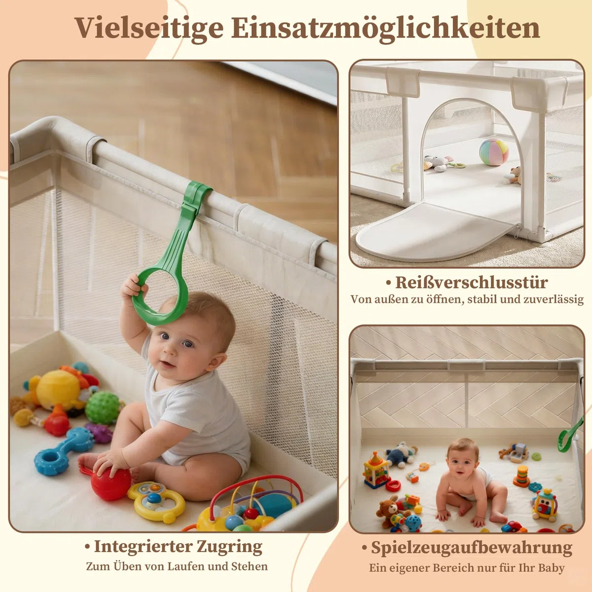 Koonmi Großes Laufstall Baby 150x180 cm Faltbarer Laufgitter mit atmungsaktivem Netz, Stoff & Saugnäpfen – für Babys & Kleinkinder, zusammenklappbarer Spielkäfig für Innen und Außen – Beige
