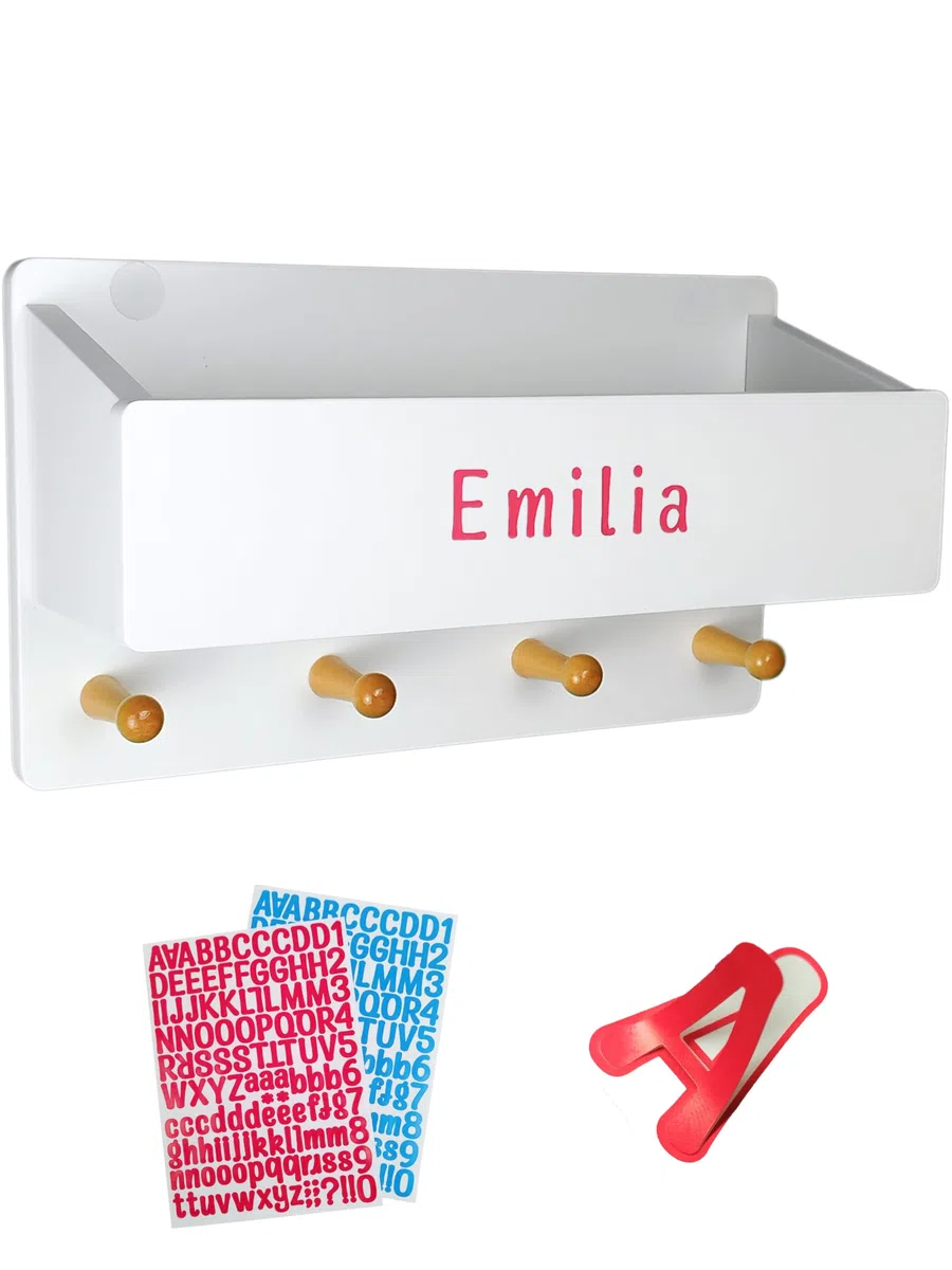 Kindergarderobe mit Ablage - Individuell mit selbstklebenden Buchstaben - Wandgarderobe aus Holz - Garderobe mit 4 Haken - Garderobe Kinder mit Ablage