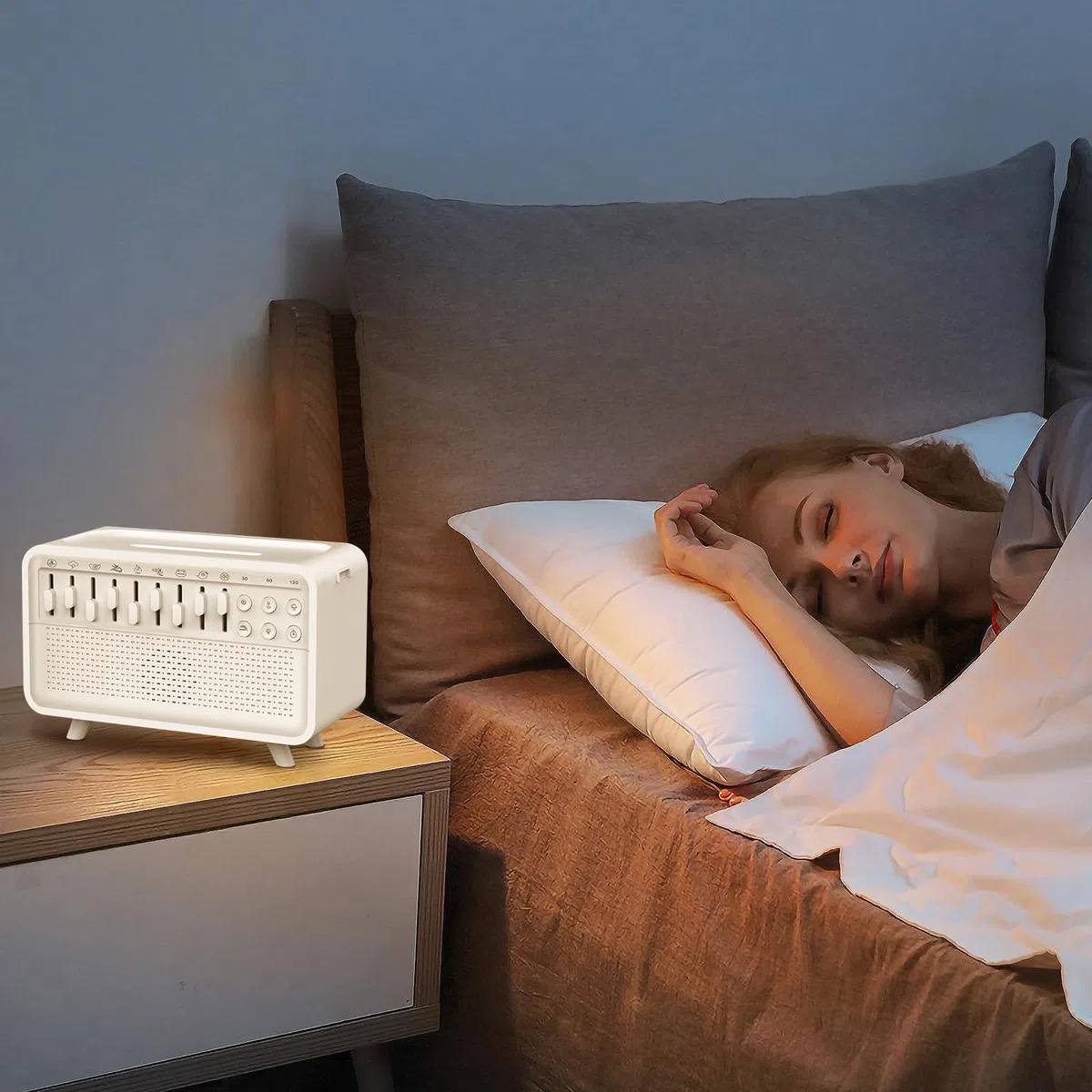 White Noise Night Light Humidifier, Bulora Sound Box White Noise Sound Machine mit 8 Umgebungsgeräuschen, Echo-Flammendiffusor, Bluetooth Lautsprecher, Sounds Machine for Zuhause