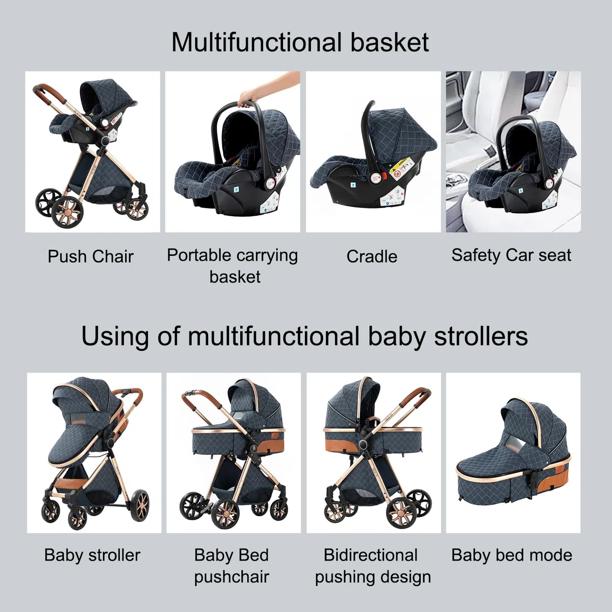 Kinderwagen 3 in 1, Buggy mit Umkehrbarem Zwei-Wege-Schub, Kinderwagen Faltbarem Tragbarem One-Click-Design, Kinderwagens 3 in 1 Komplettset mit Zubehör Hohe Landschaft (YV9 Deep Grey)