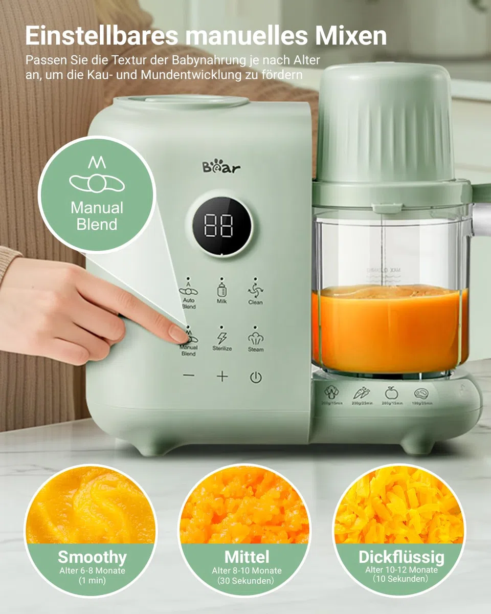 Bear 6-in-1 Dampfgarer mit Mixer Premium Babynahrungszubereiter,Dämpfen, automatisches Rühren, Milcherwärmung, Desinfektion, Selbstreinigungsfunktion, Automatische Reinigungsfunktion, BPA-frei (Grün)